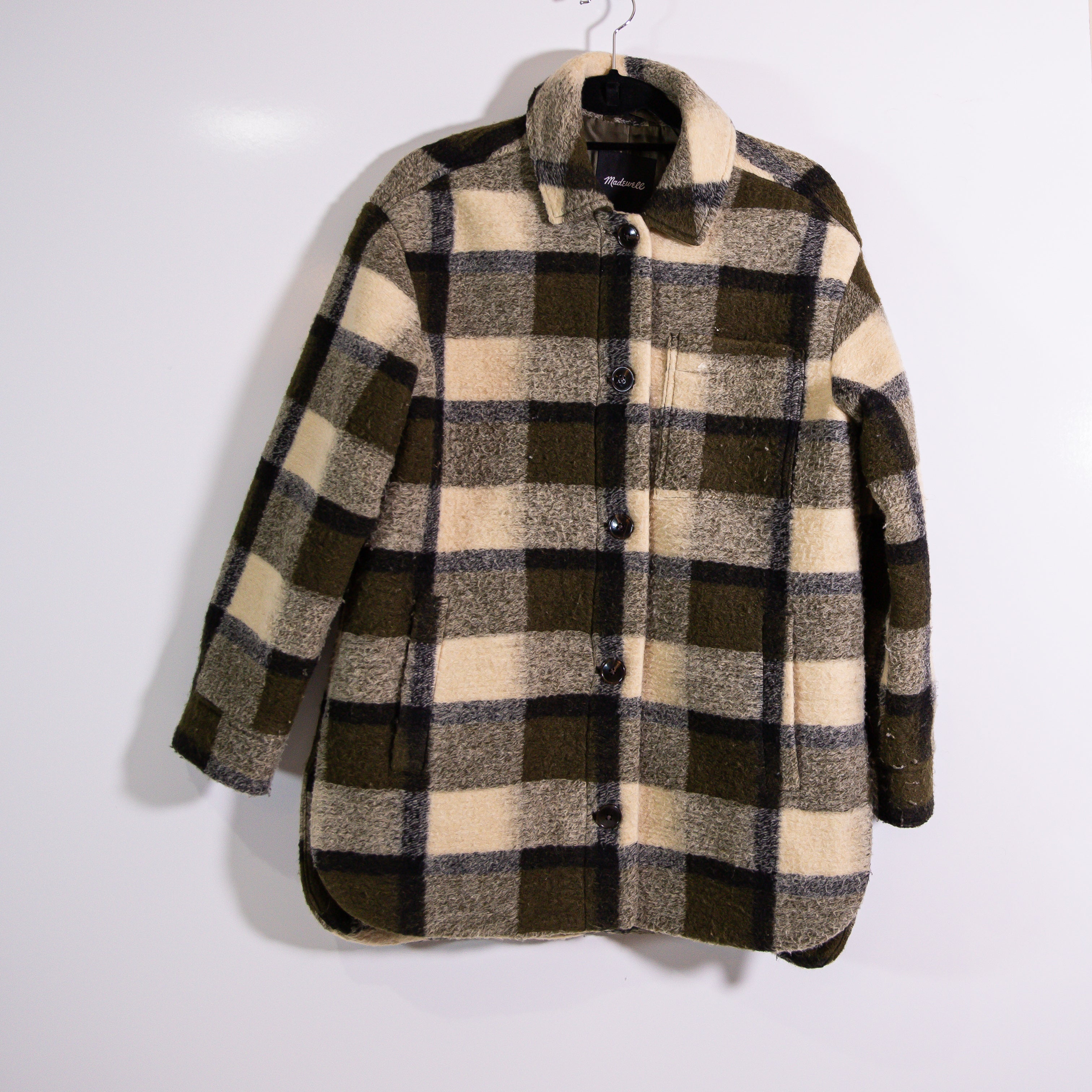 Madewell Belrose Wool Blend Shirt Jacket Shacket Button Front Collar Maran Plaid