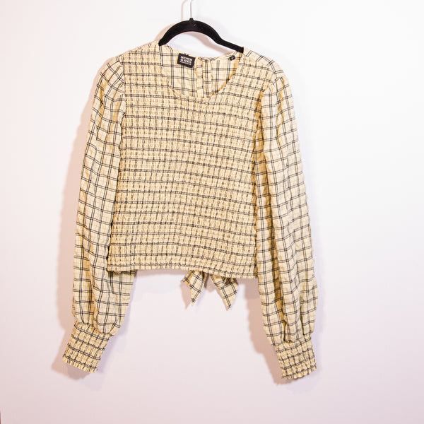 Scotch &amp; Soda Smocked Yellow Black Check Plaid Print Pattern Blouse Shirt Top XL