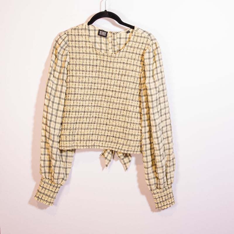 Scotch &amp; Soda Smocked Yellow Black Check Plaid Print Pattern Blouse Shirt Top XL
