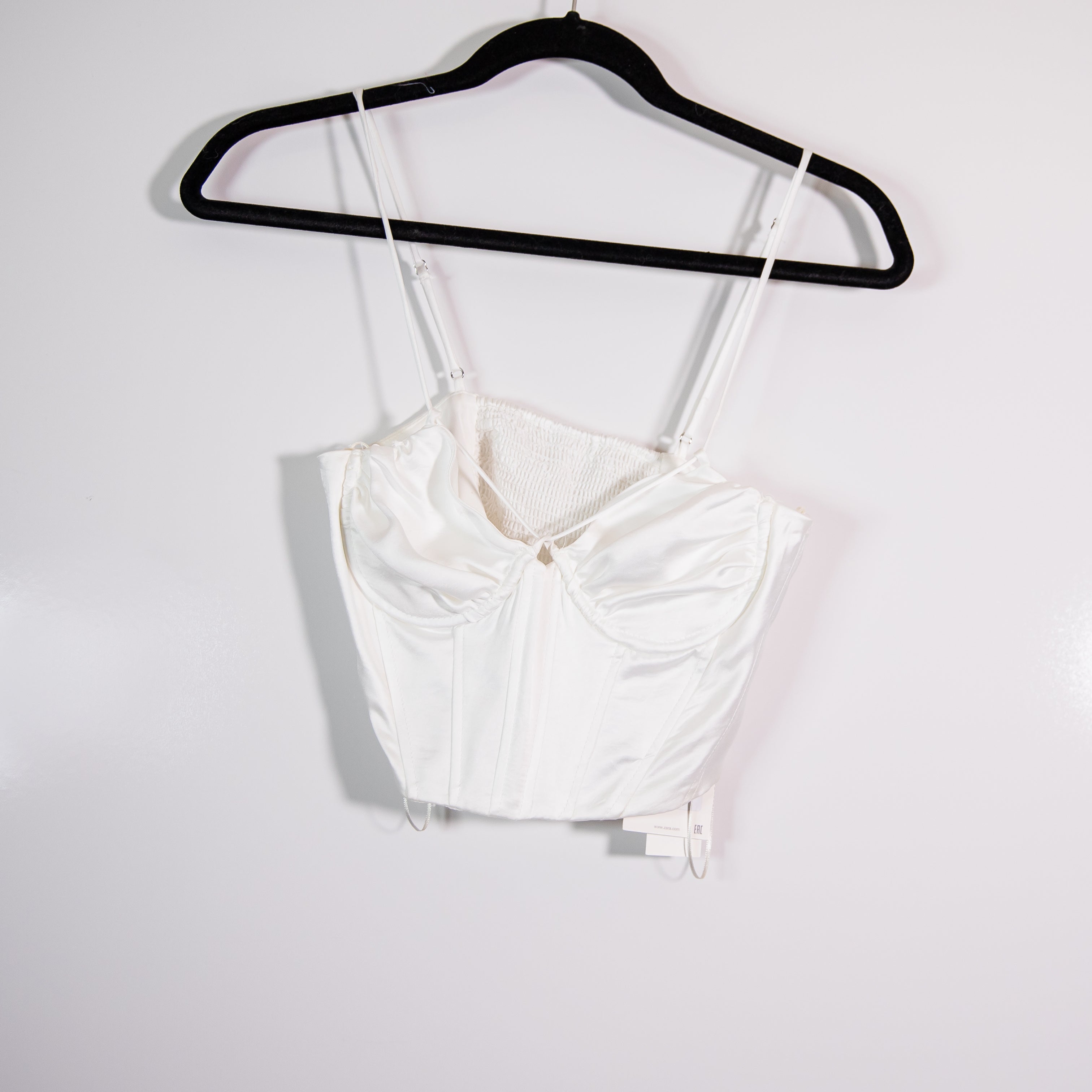 NEW Zara Satin Underwire Bra Corset Smocked Stretch Back Crop Top White Small