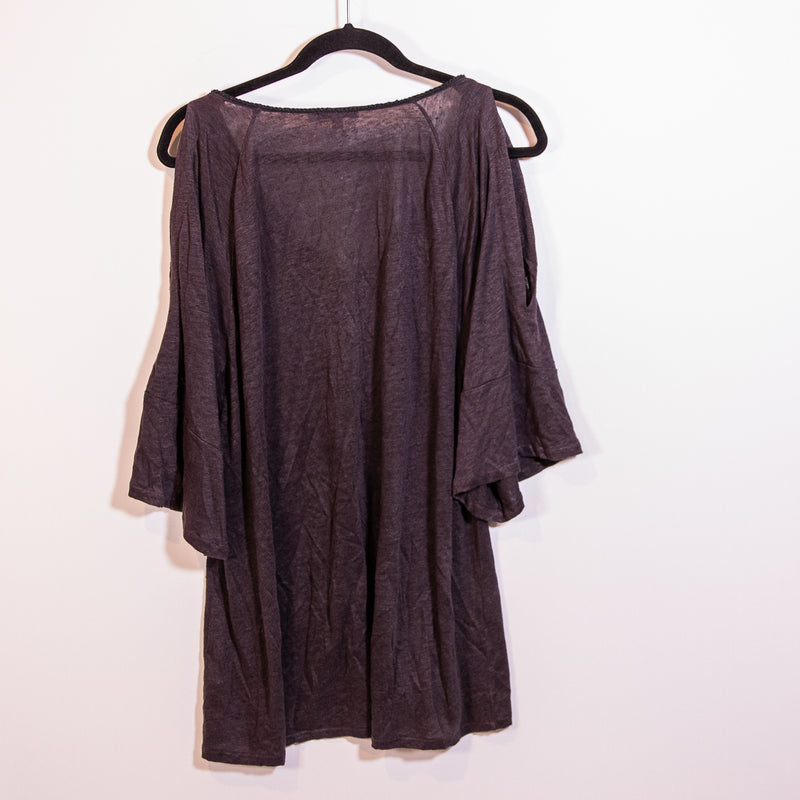 Calypso Linen Lightweight Cold Shoulder V Neck Tassel Pullover Tunic Blouse Gray