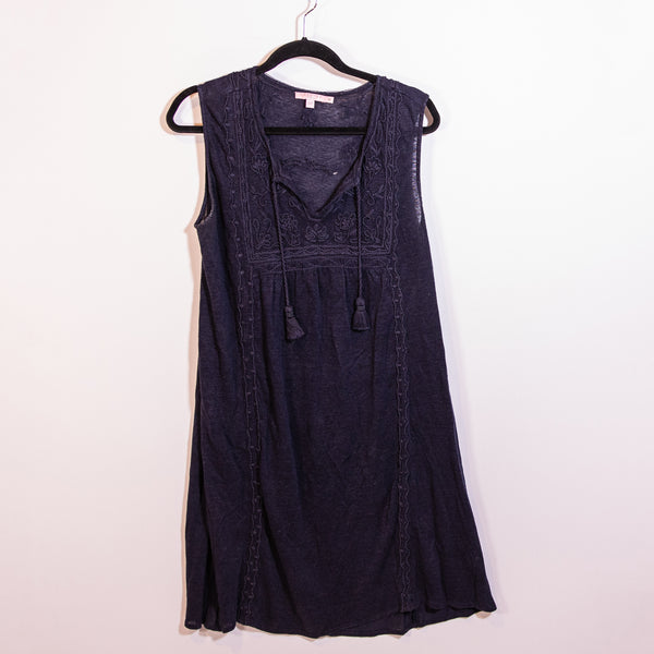 Calypso Linen Lightweight Floral Embroidered Tassel Sleeveless Pullover Dress M