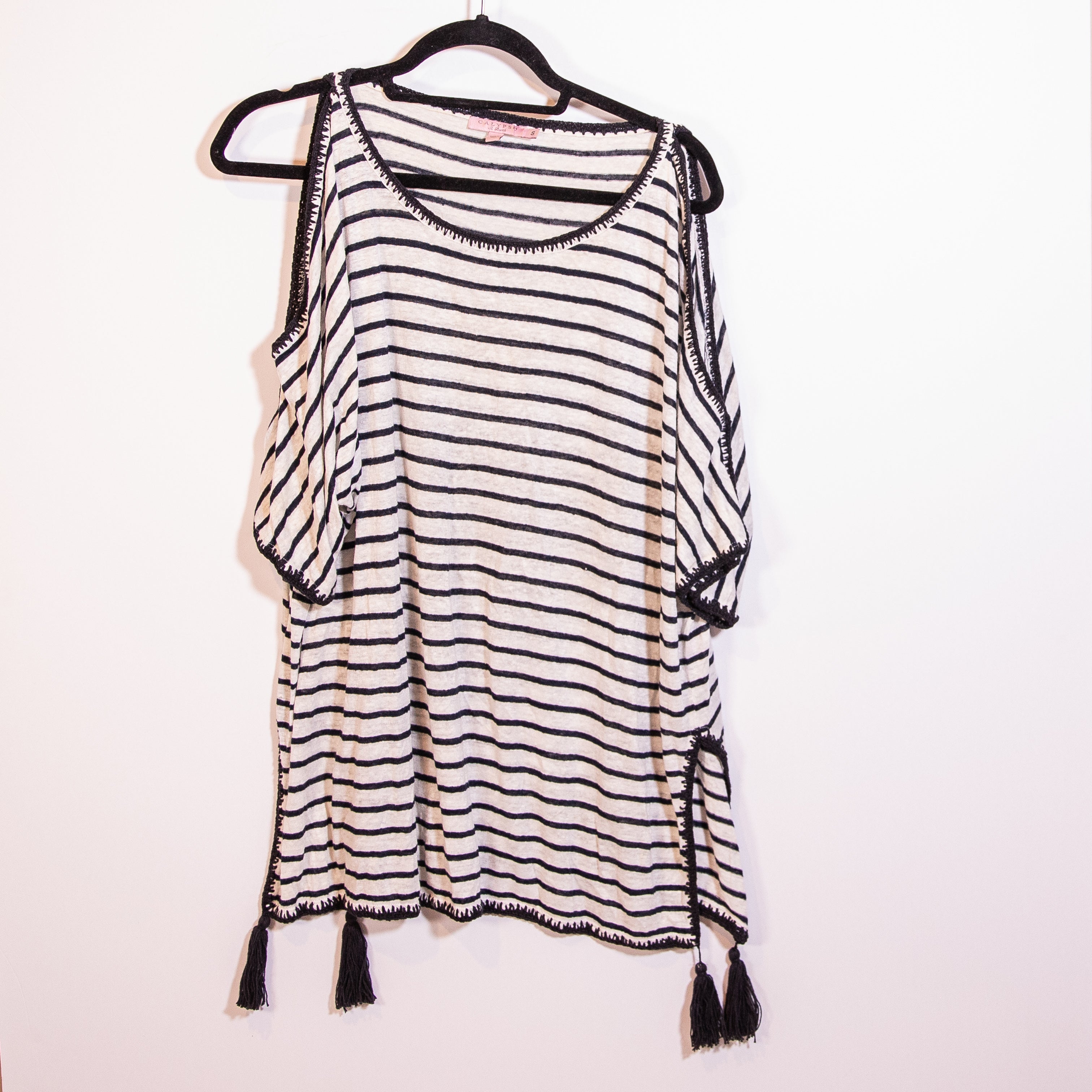 Calypso Linen Stitched Cold Shoulder Tassel Scoop Neck Tunic Blouse Shirt Stripe