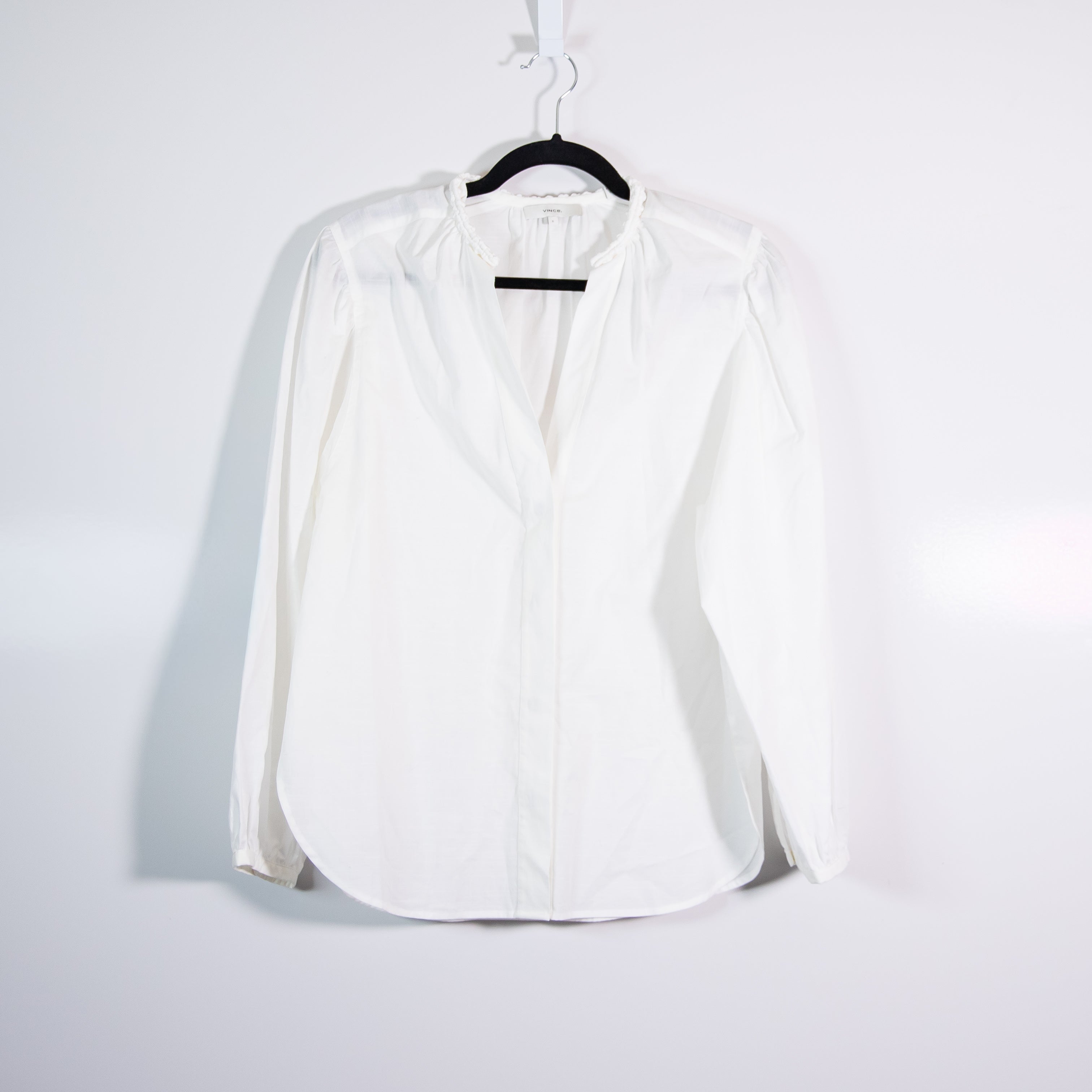 Vince Women's Braid Trim Cotton Poplin Button Front Long Sleeve Blouse Shirt Top