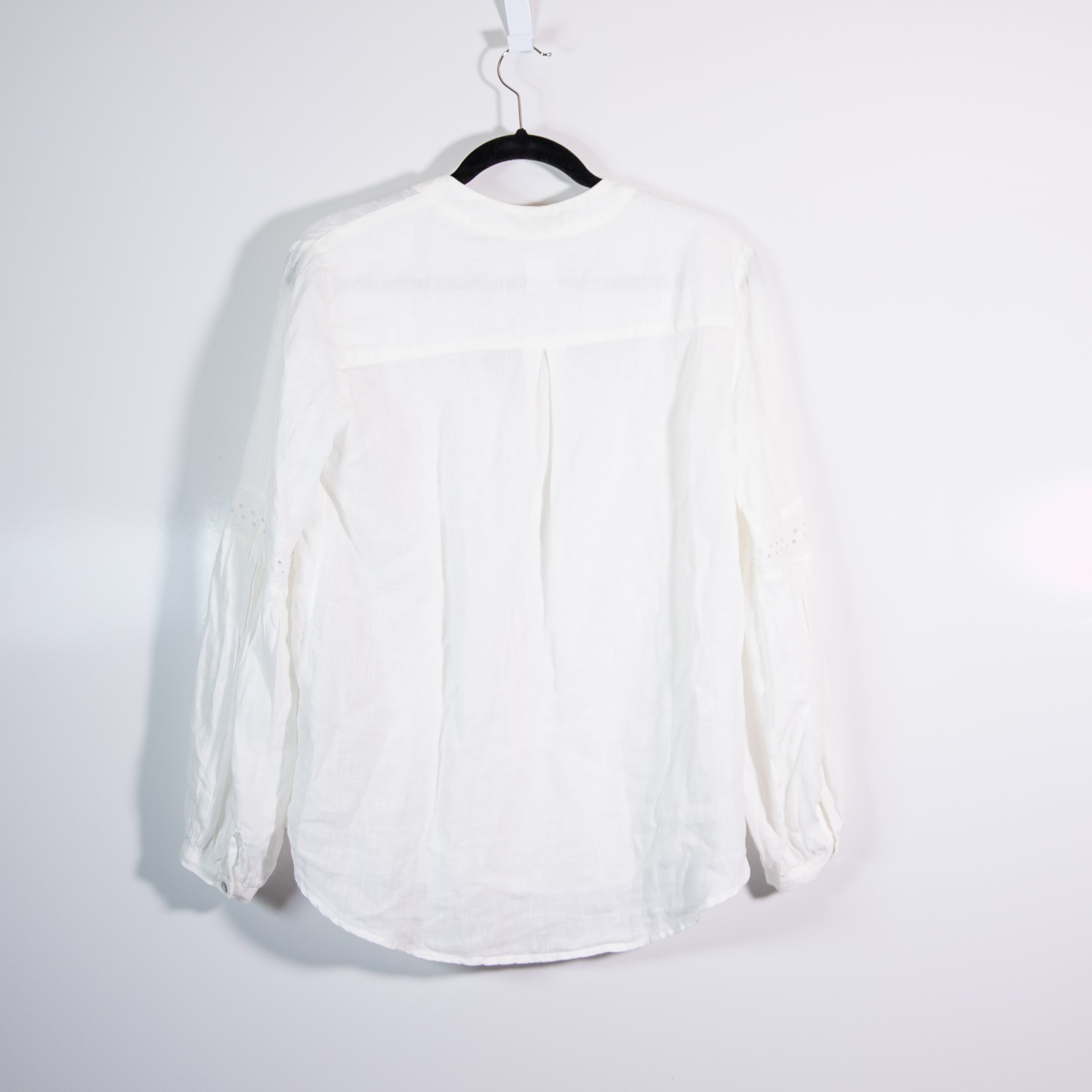 120% Lino Lightweight Linen V Neck Eyelet Long Sleeve Blouse Shirt Top White M