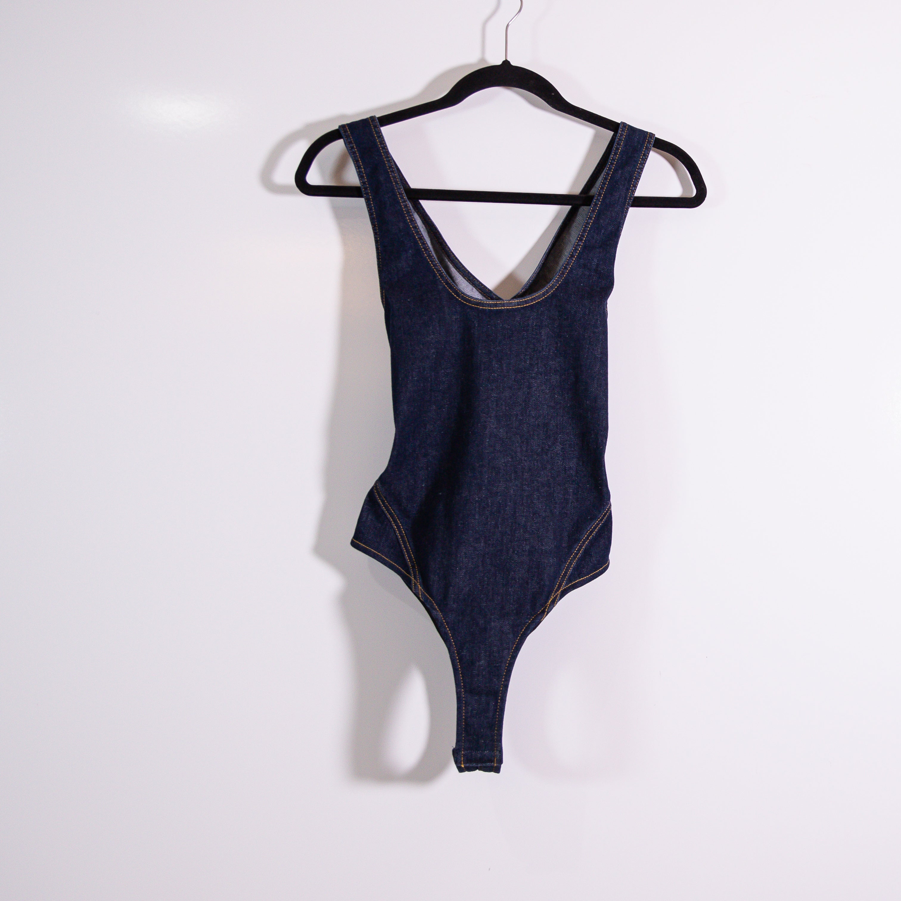 Alaia Cotton Stretch Denim Jean Crossback One Piece Tank Bodysuit Top Blue 36/0