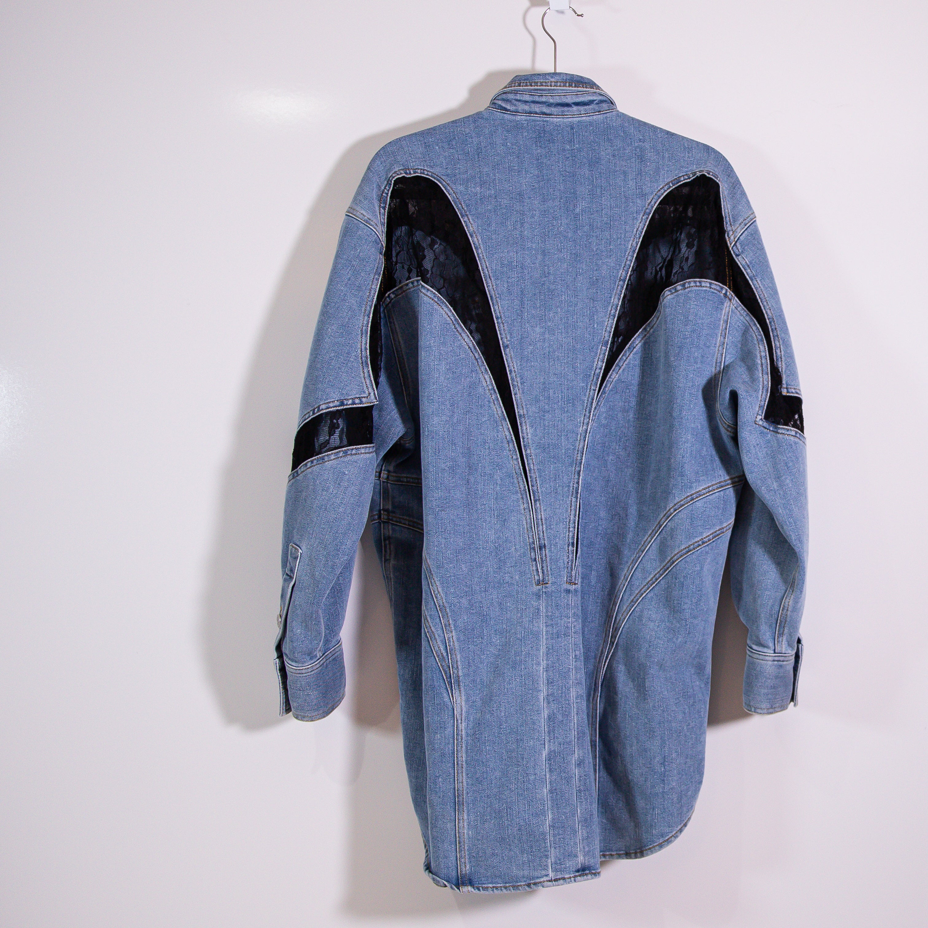 Mugler Oversize Cotton Denim Jean Lace Panel Collared Button Front Shirt Dress S
