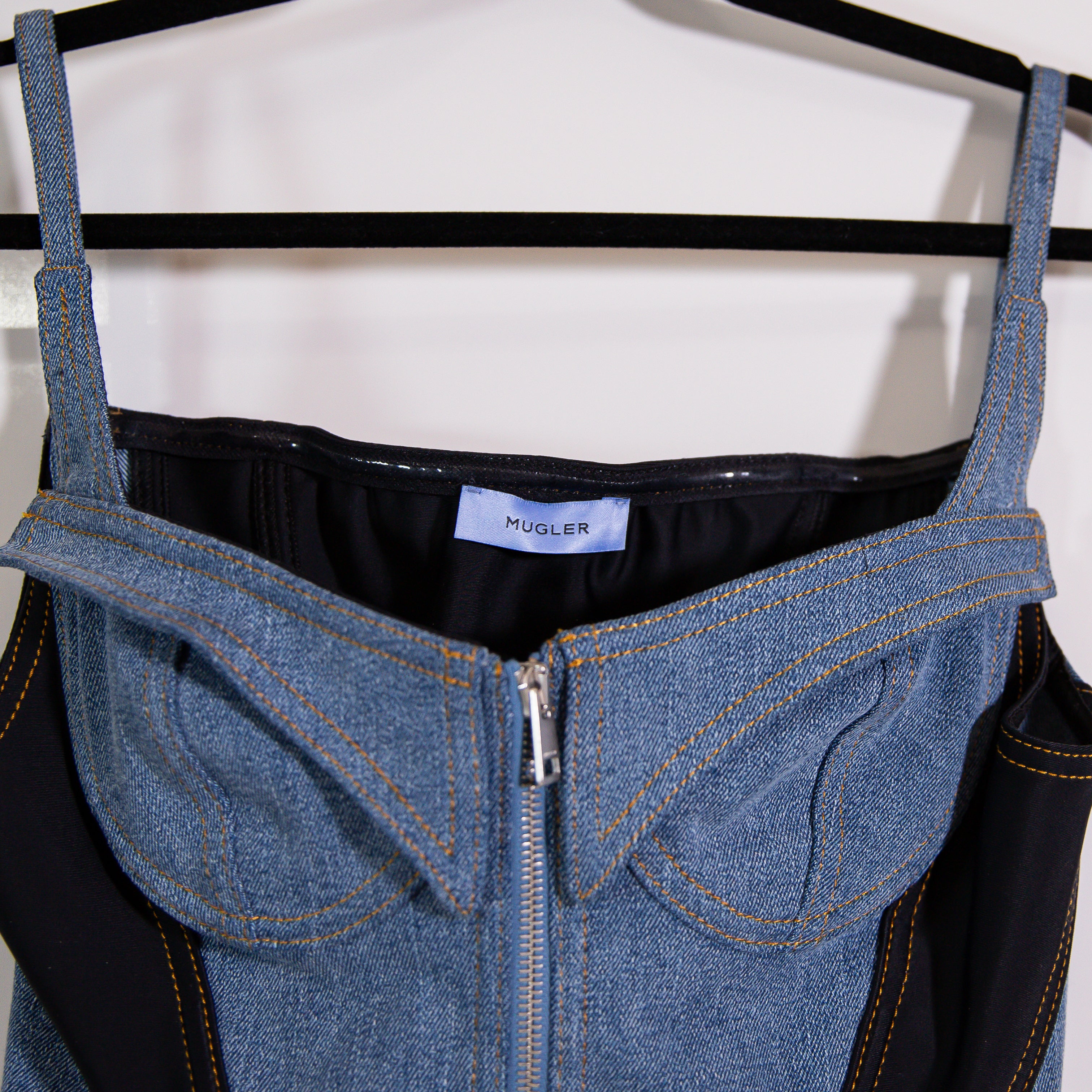 Mugler Two Tone Denim Cotton Stretch Front Zip Corset Bodysuit Tank Top Blue 38
