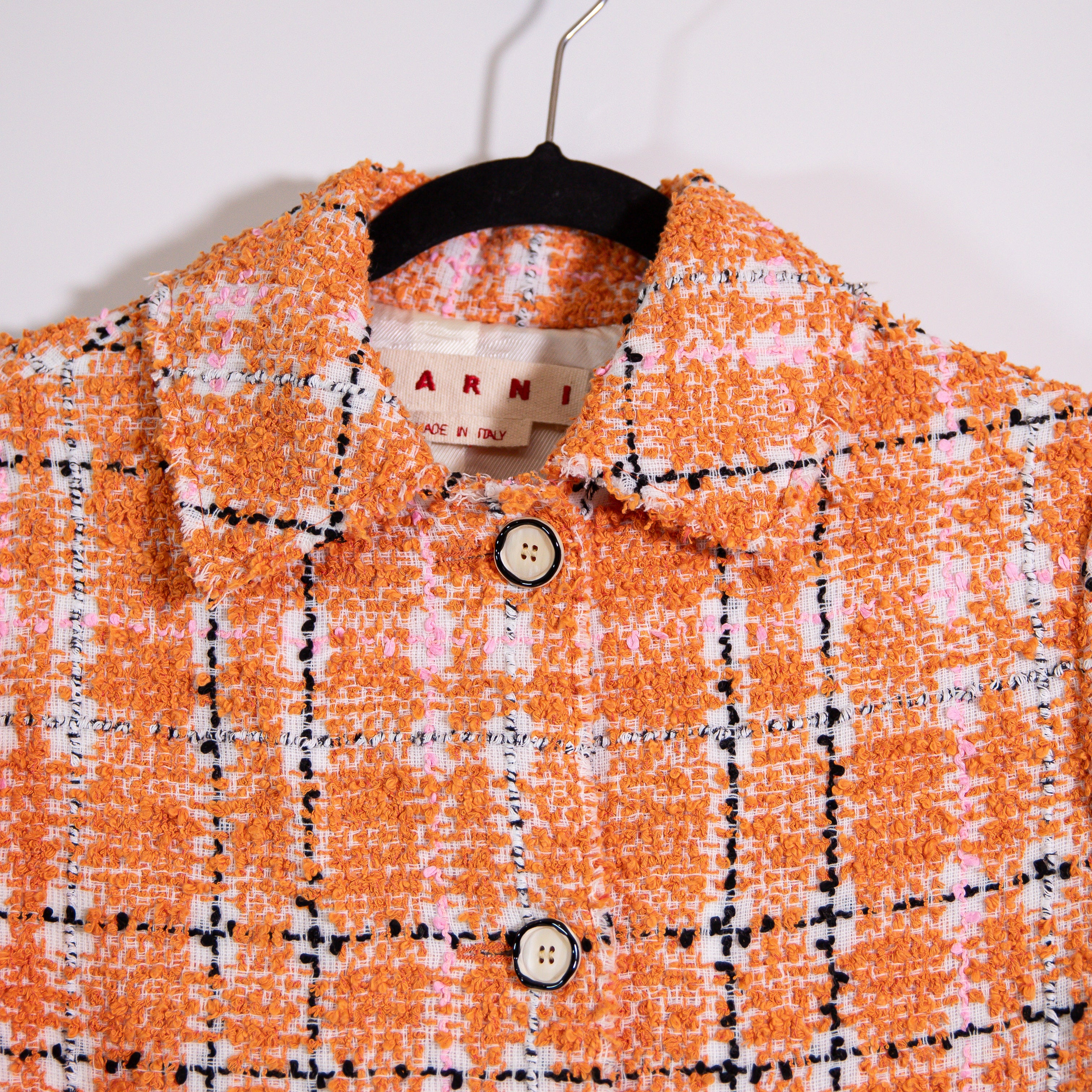 NEW Marni Made In Italy Checked Cotton Blend Tweed And Ribbed Knit Coat Orange 2