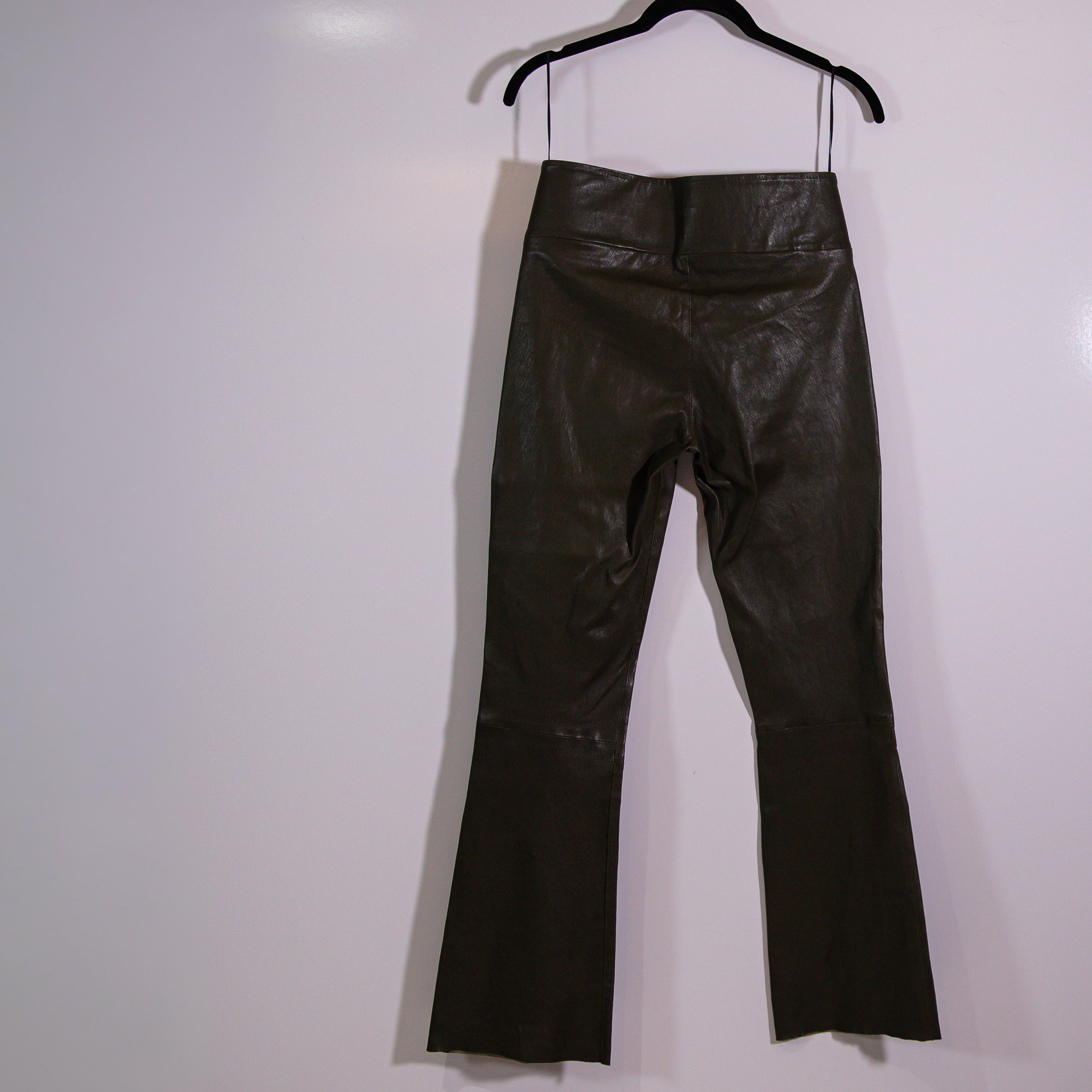 NEW SPRWMN Genuine Leather Ankle Flare Crop Pull On Mid Rise Pants Cactus Medium