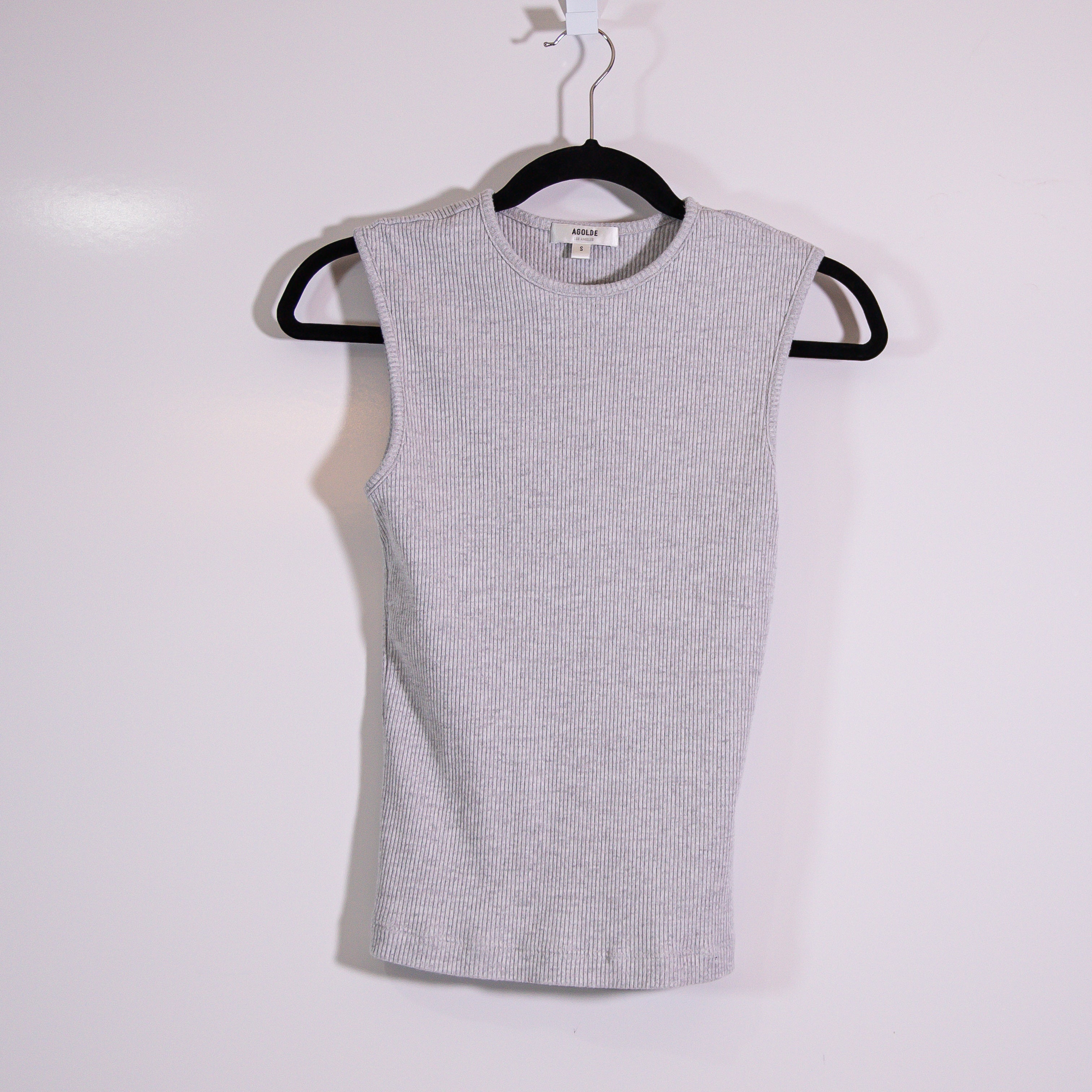 Agolde Women's Binx Crew Neck Sleeveless Ribbed Knit Tank Top Gray Small