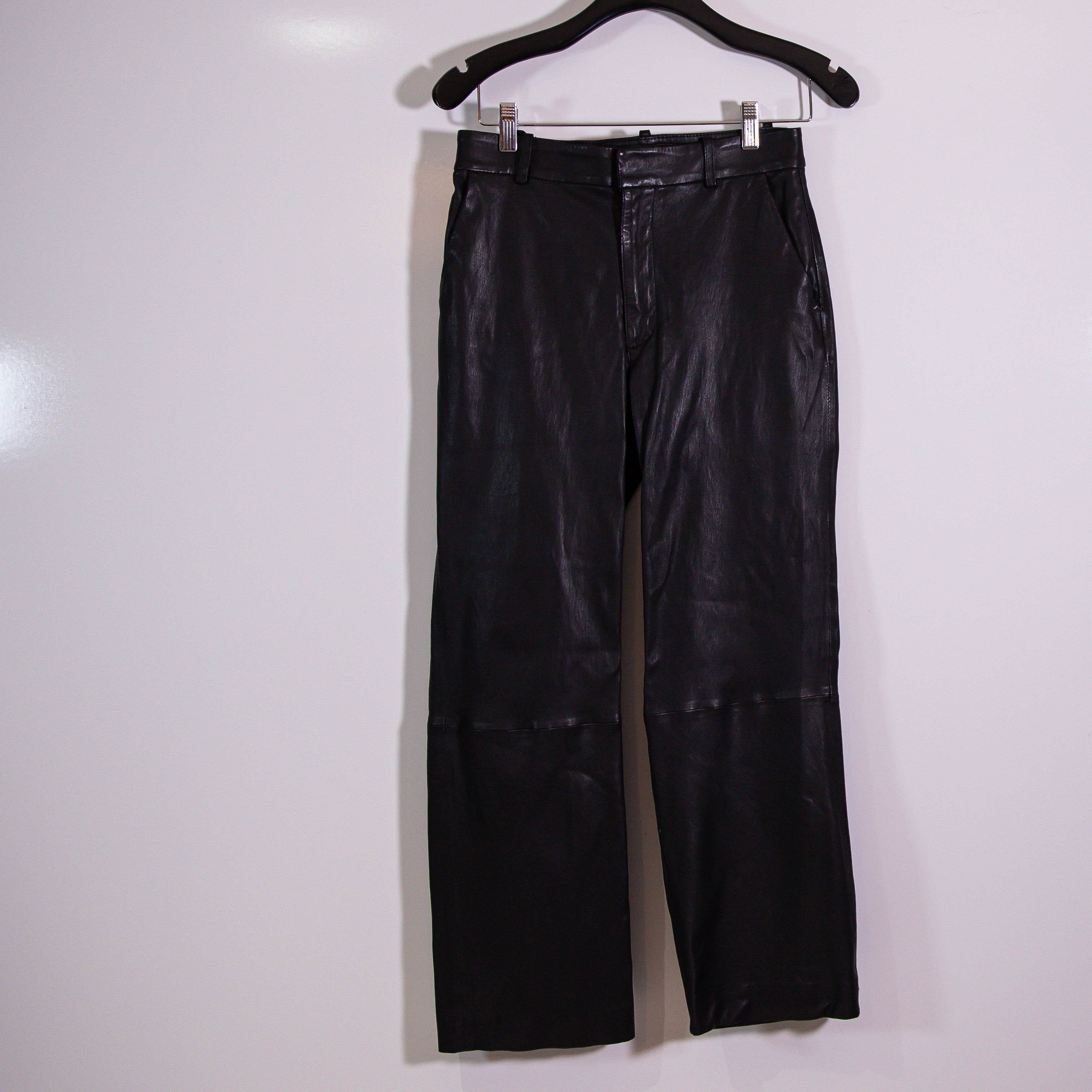 SPRWMN Genuine Leather Ankle Cropped Straight Leg Trouser Pants Solid Black XS