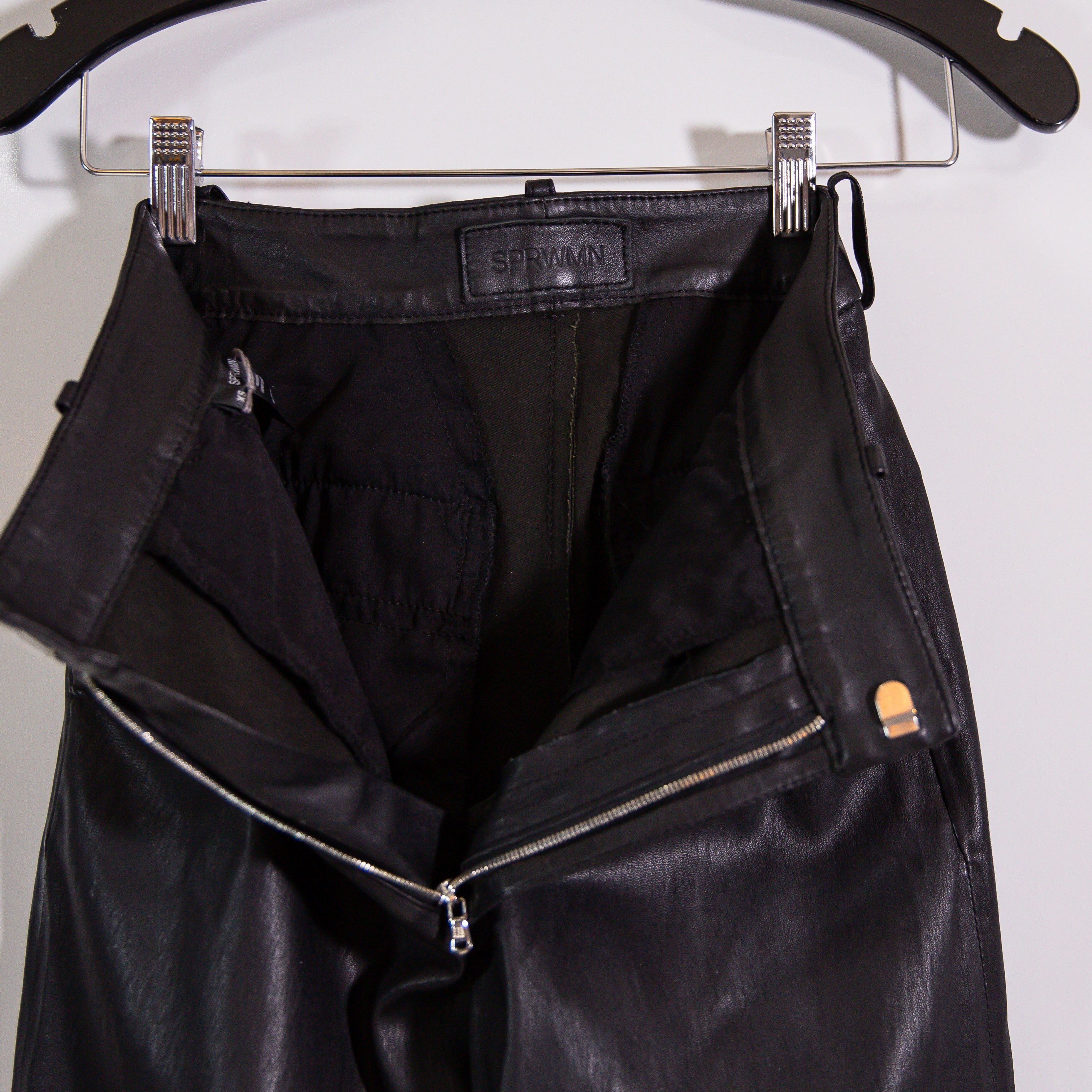 SPRWMN Genuine Leather Ankle Cropped Straight Leg Trouser Pants Solid Black XS