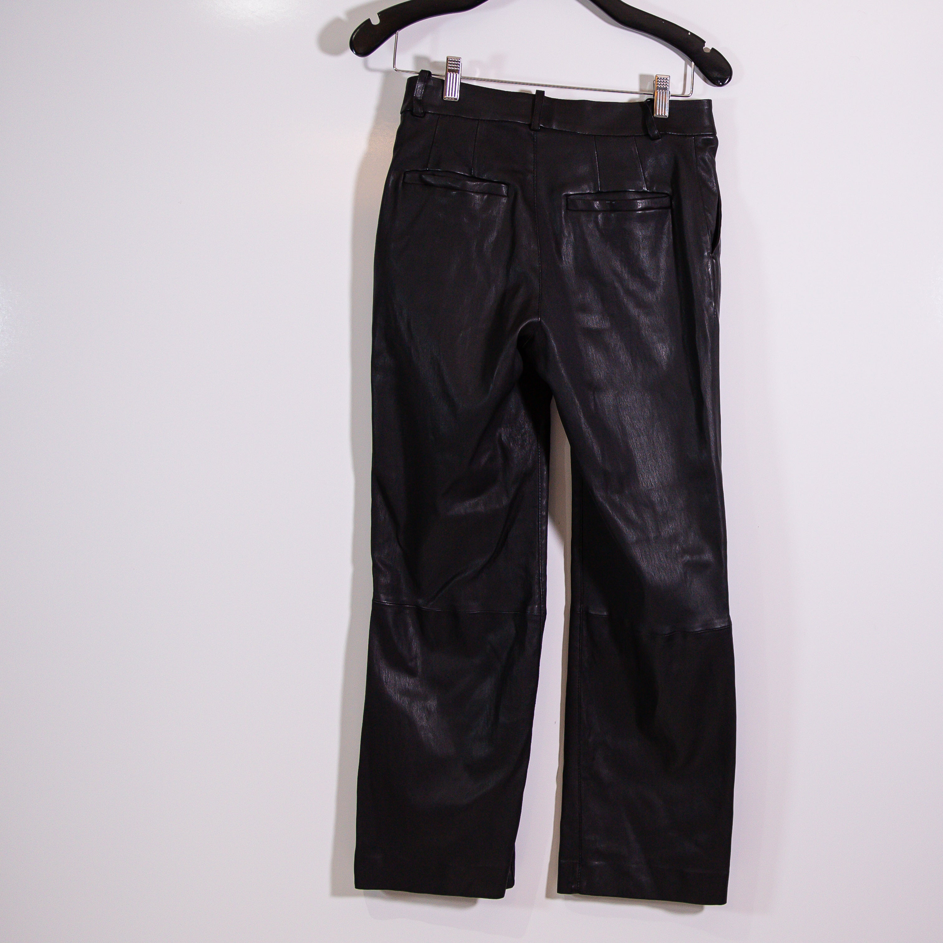 SPRWMN Genuine Leather Ankle Cropped Straight Leg Trouser Pants Solid Black XS