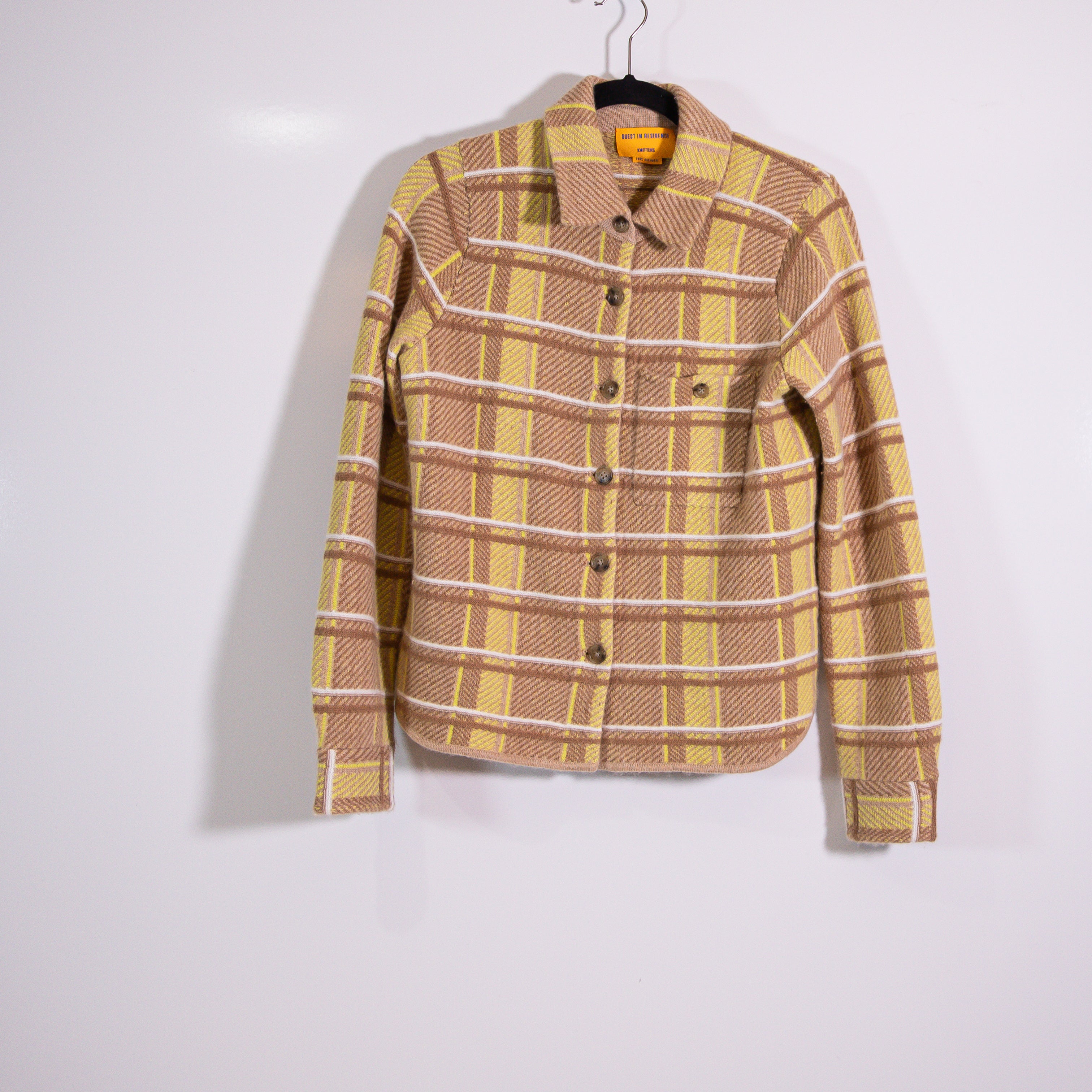 Guest In Residence Dylan 100% Cashmere Knit Collared Almond Combo Plaid Shirt XS