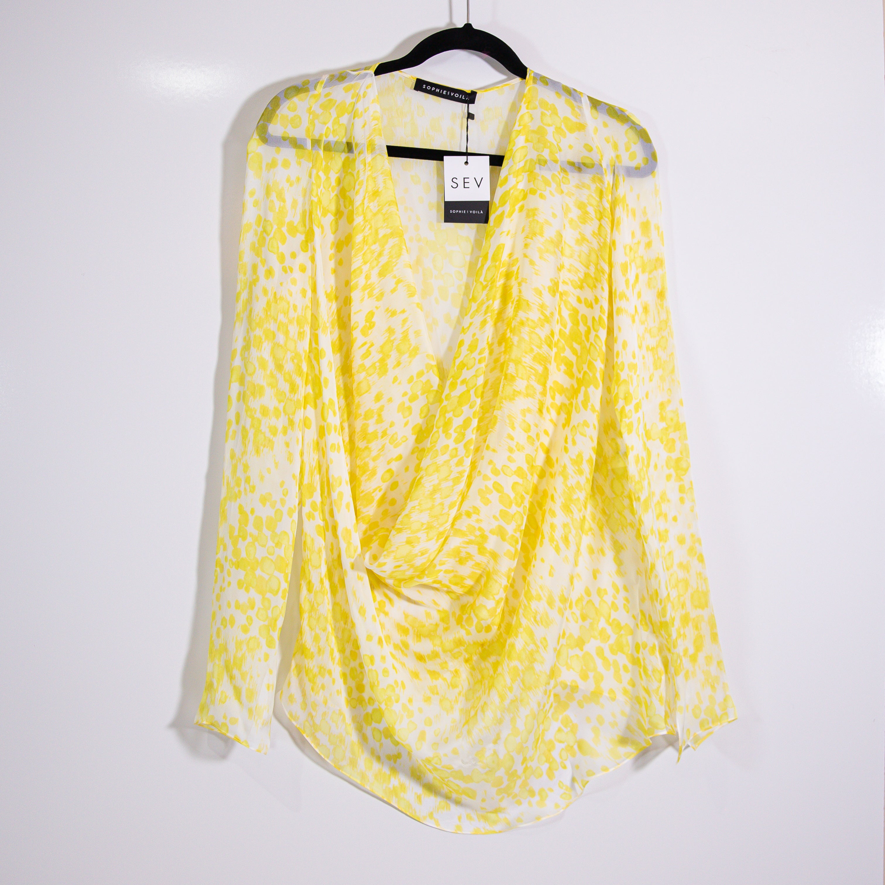 NEW SEV Long Sleeve Draped Silk Chiffon Blouse In Yellow Lima Print Top Small