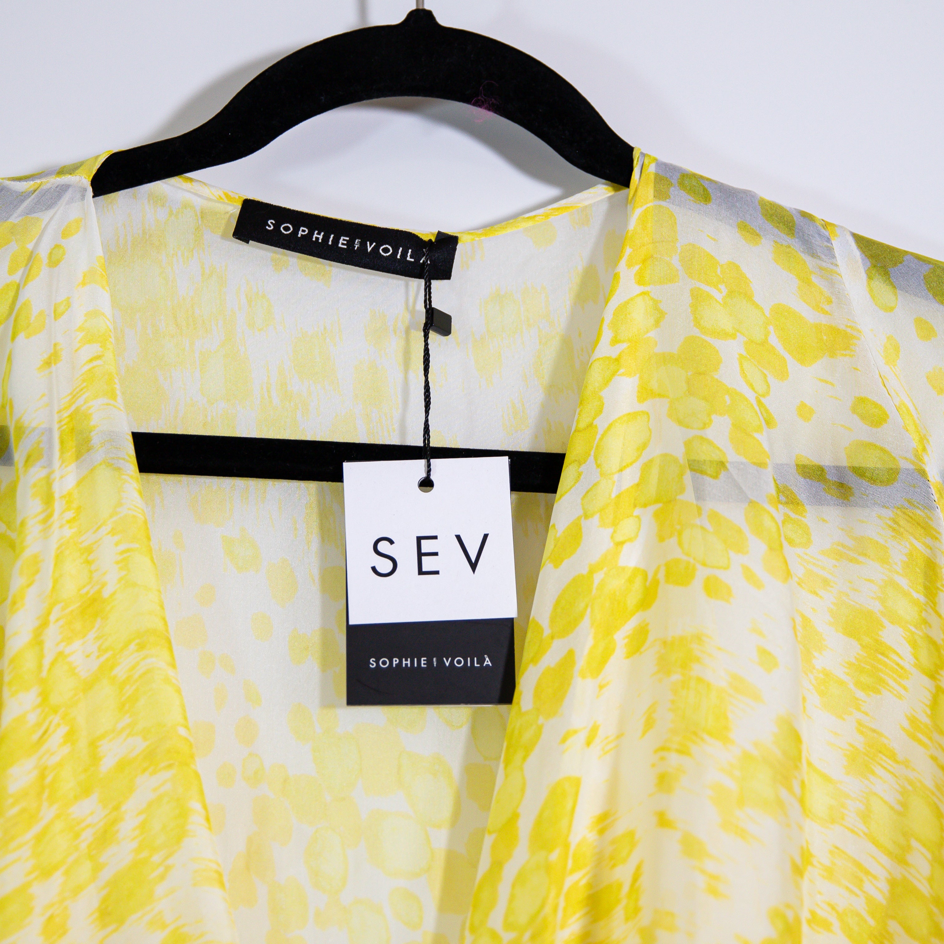 NEW SEV Long Sleeve Draped Silk Chiffon Blouse In Yellow Lima Print Top Small