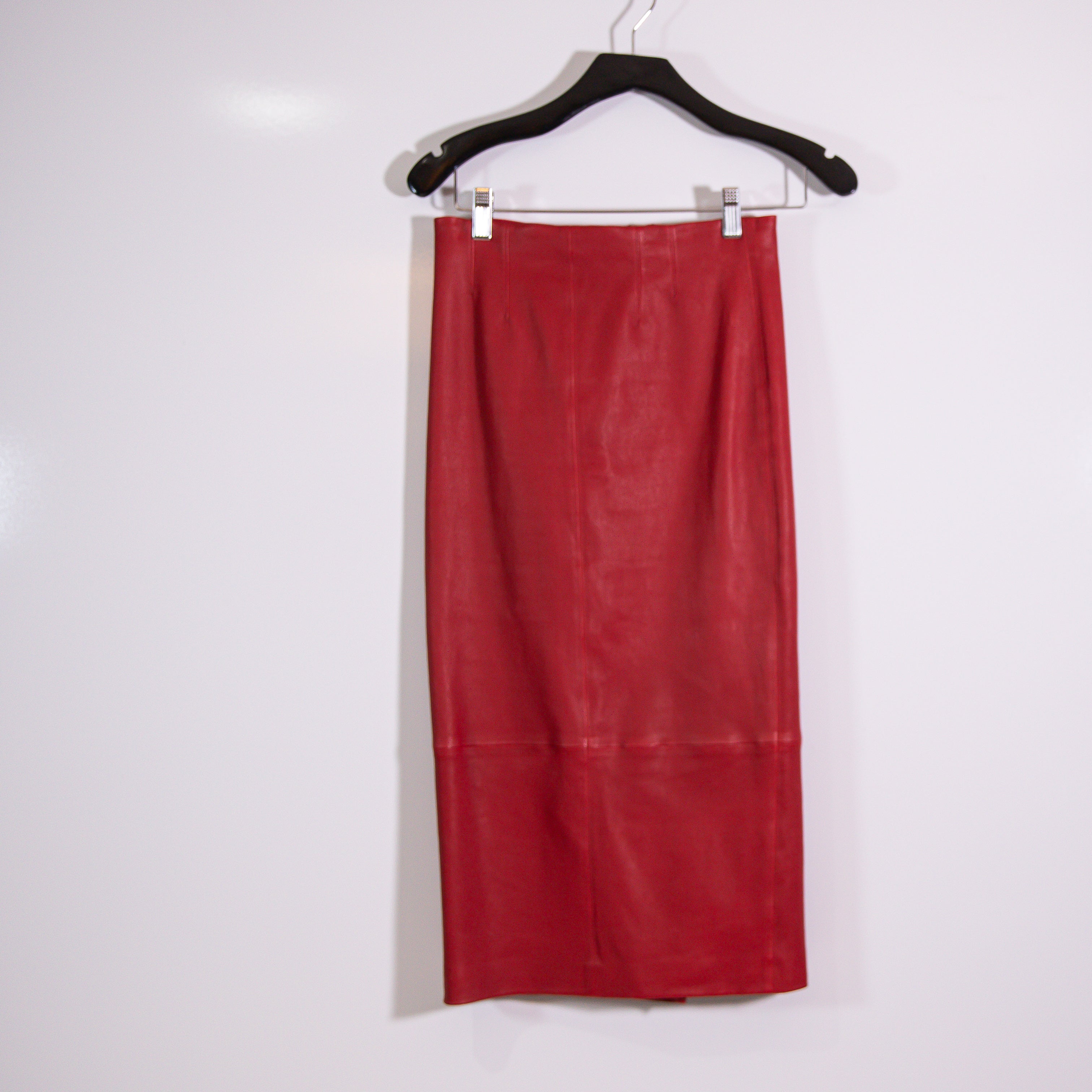 Veronica Beard Kaliyah Genuine Lamb Leather Straight Pencil Skirt Solid Red 2