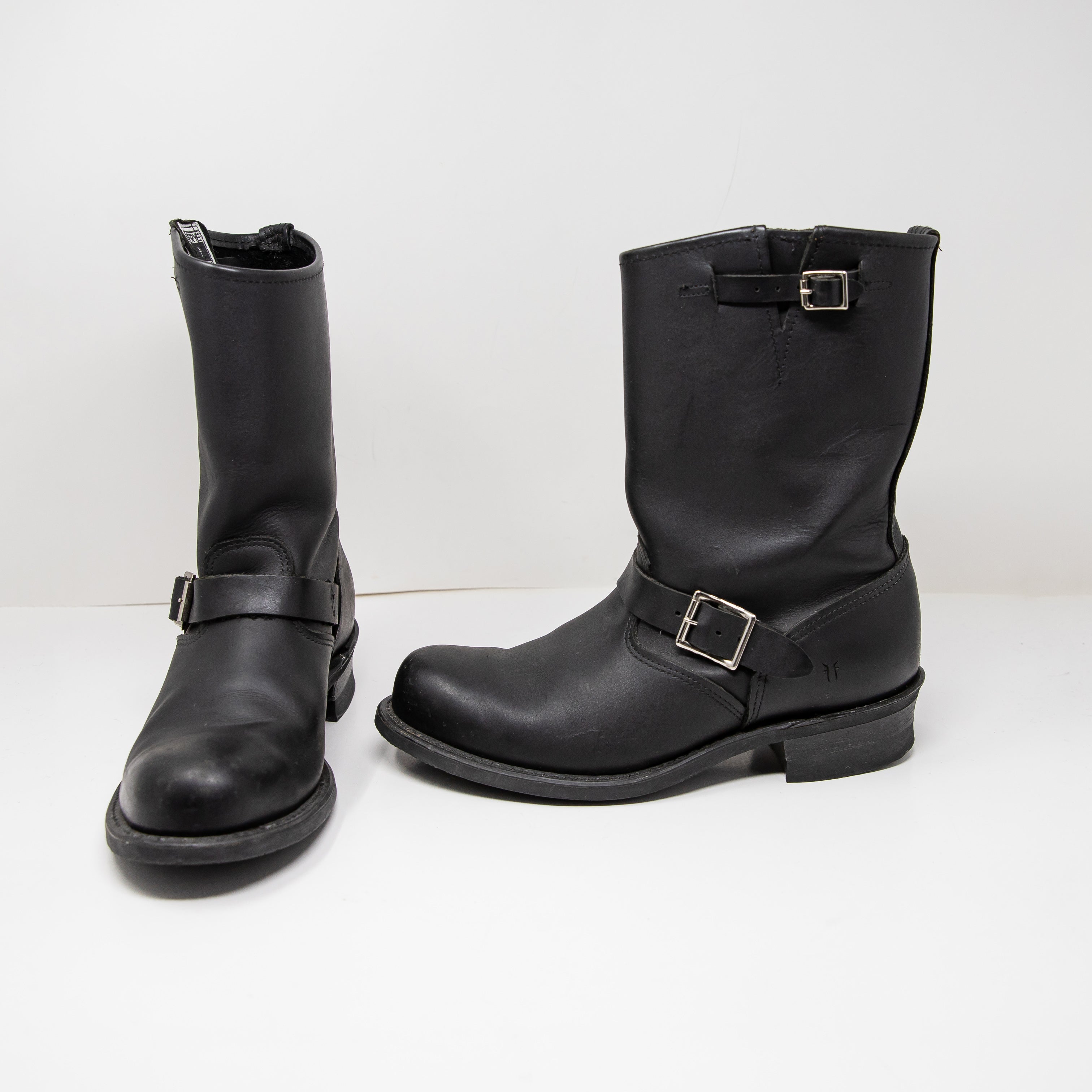 Frye Women's Engineer Pull On Block Heel Genuine Leather Moto Boots Shoes Black