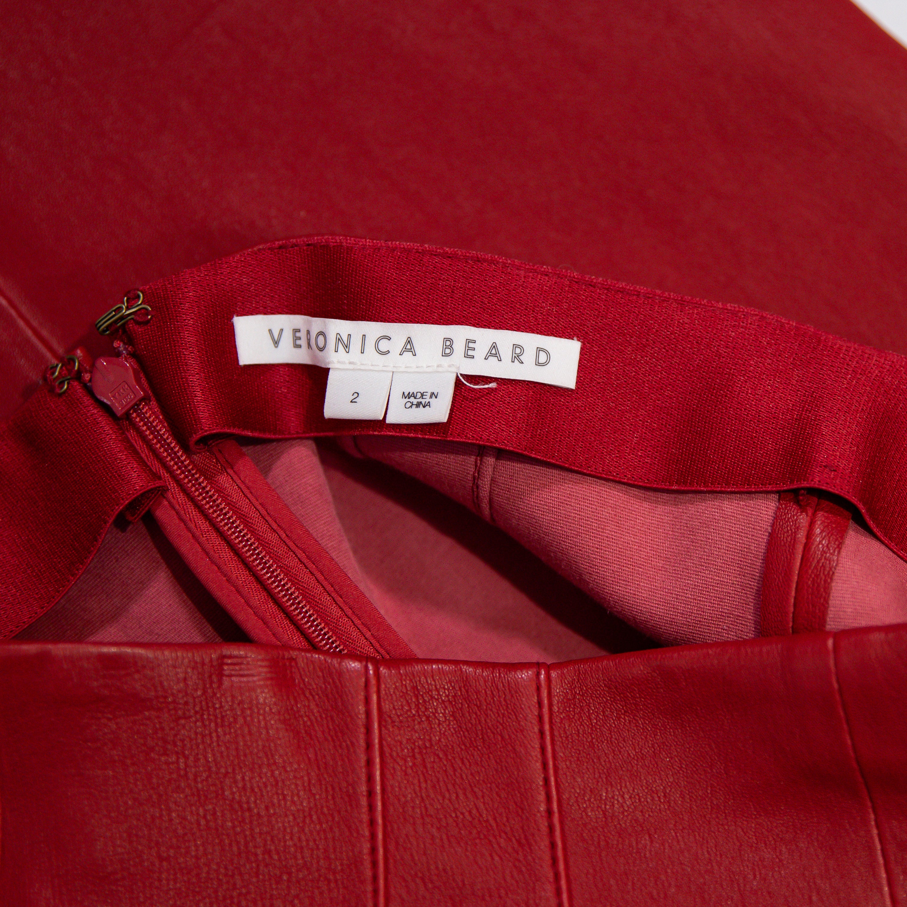 Veronica Beard Kaliyah Genuine Lamb Leather Straight Pencil Skirt Solid Red 2