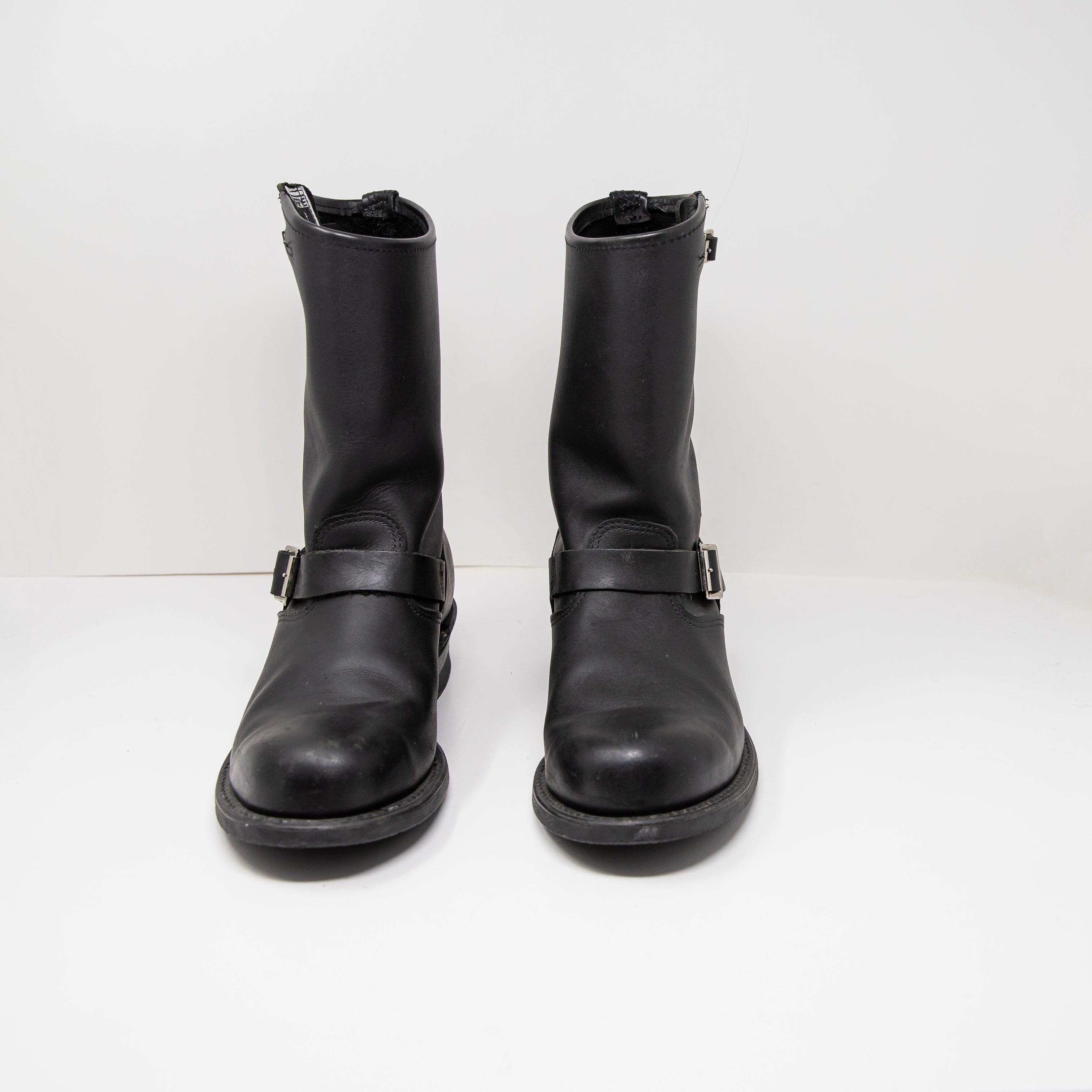 Frye Women's Engineer Pull On Block Heel Genuine Leather Moto Boots Shoes Black