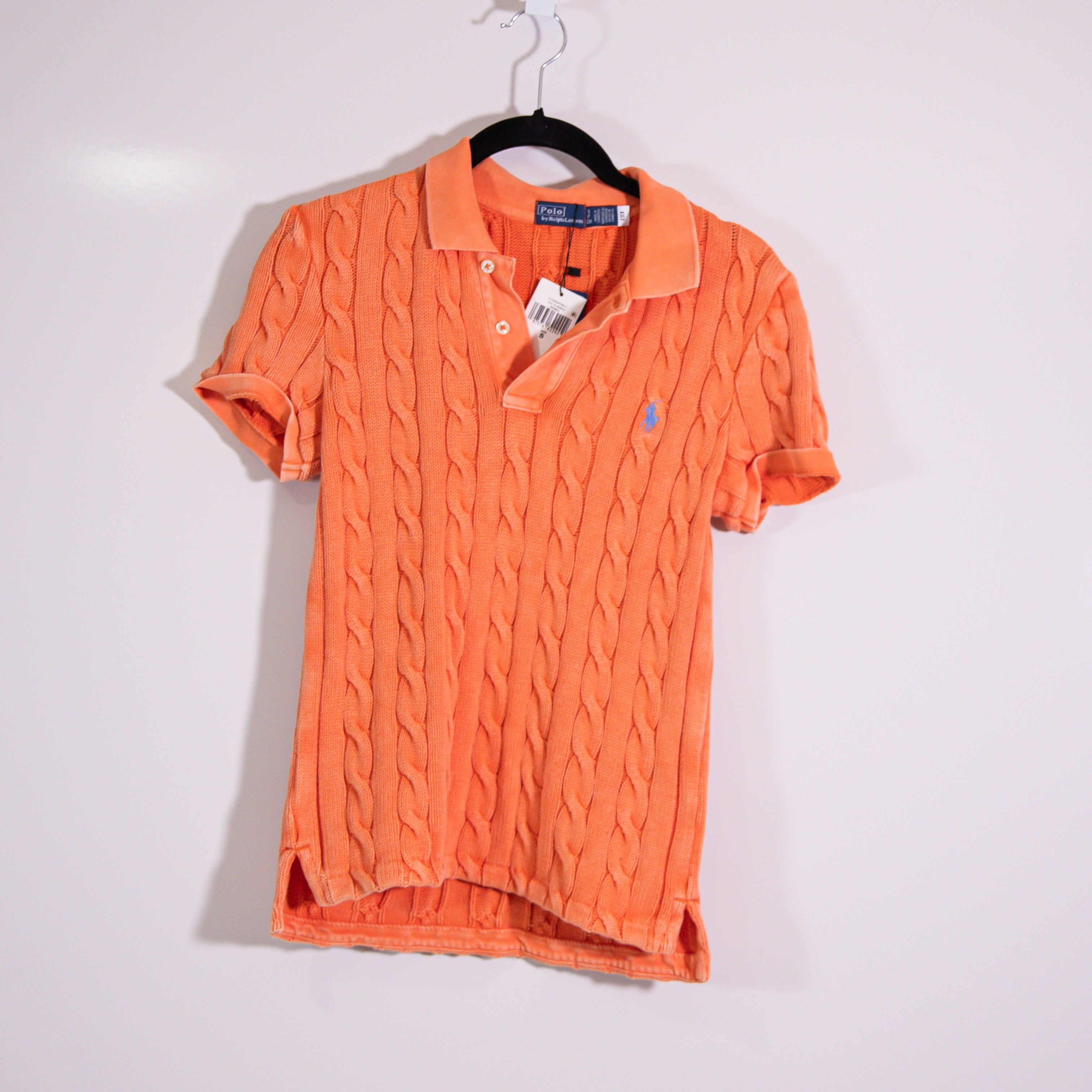 NEW Polo By Ralph Lauren Cotton Cable Knit Short Sleeve Collared Sweater Orange