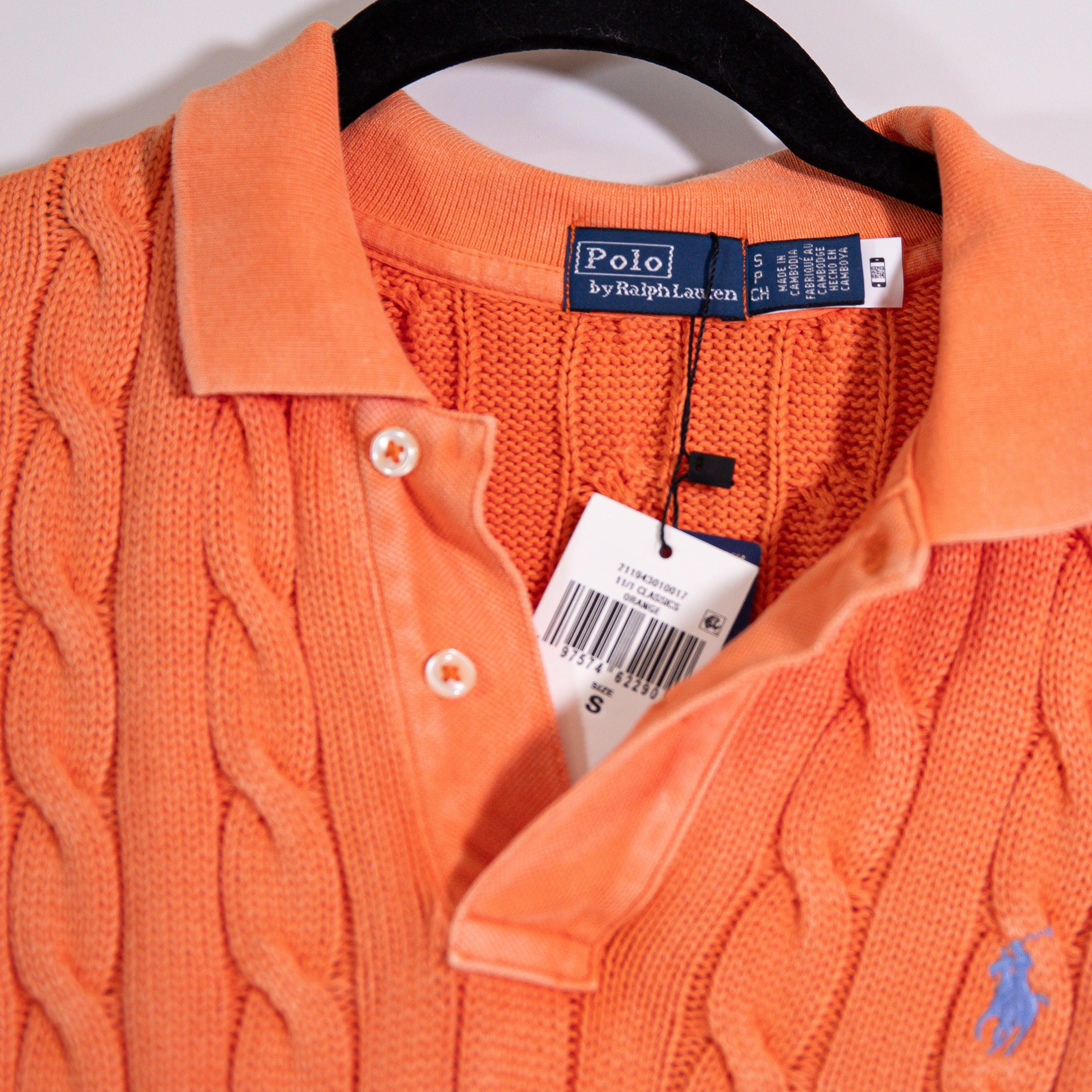 NEW Polo By Ralph Lauren Cotton Cable Knit Short Sleeve Collared Sweater Orange