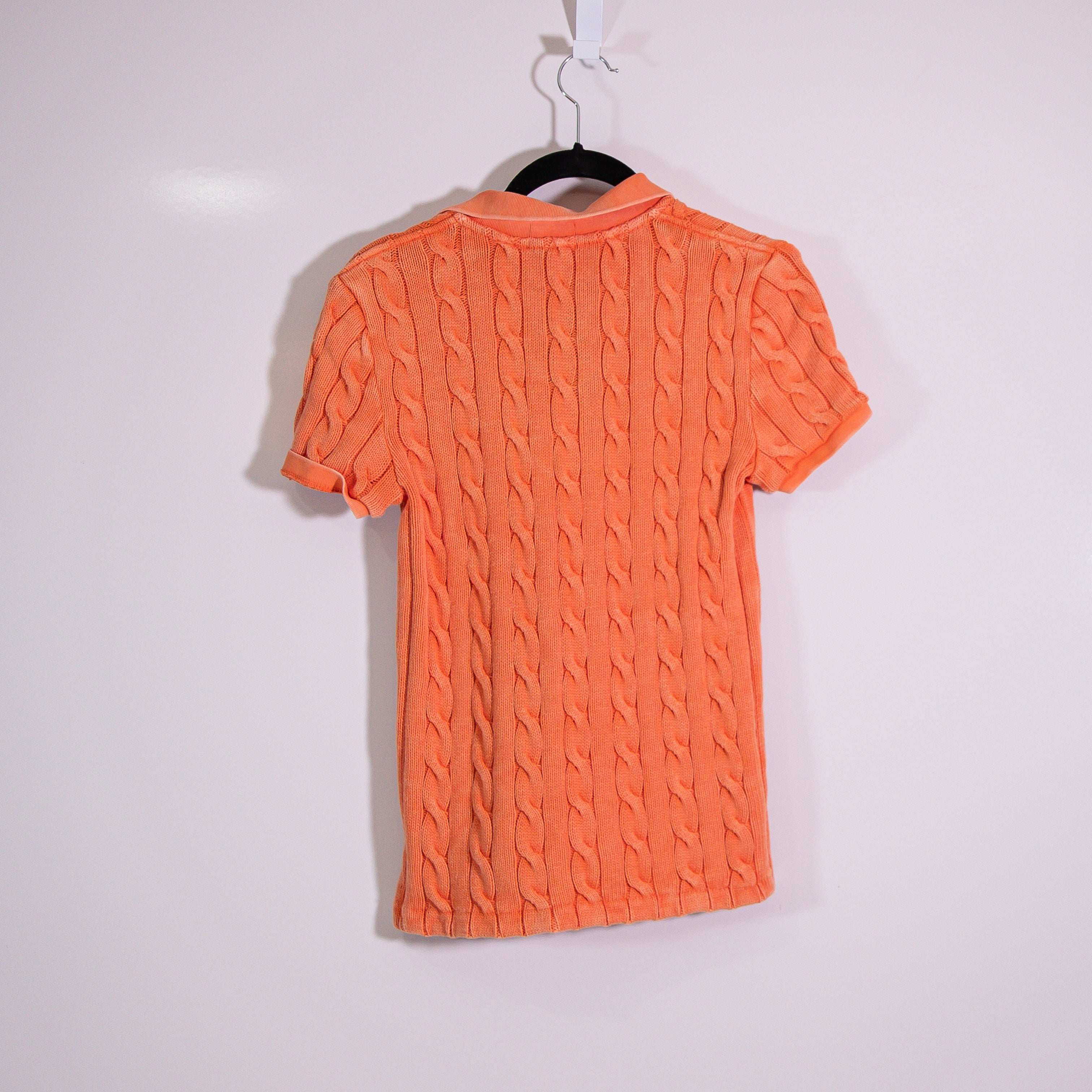 NEW Polo By Ralph Lauren Cotton Cable Knit Short Sleeve Collared Sweater Orange