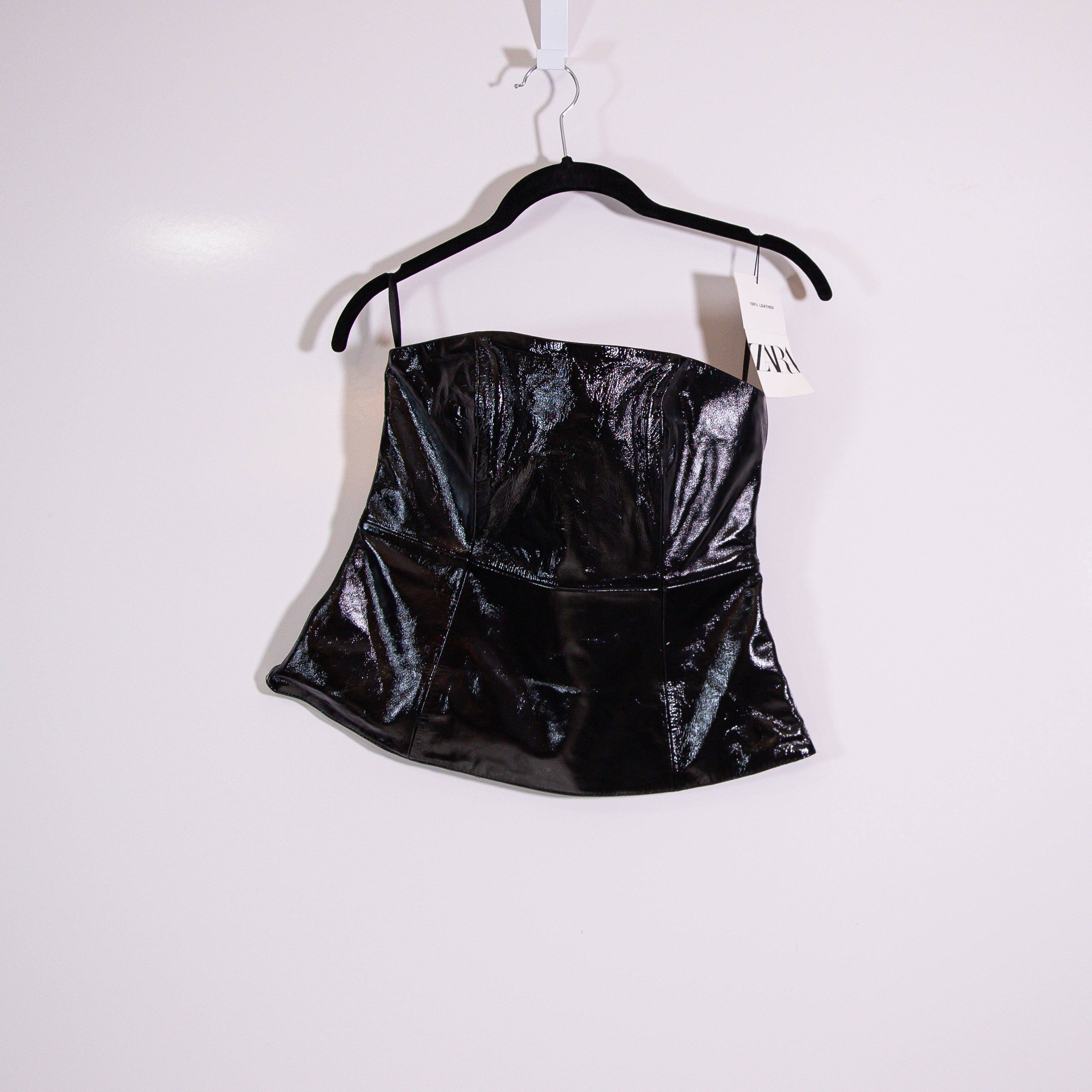NEW Zara Genuine Patent Leather Strapless Stitched Corset Tank Top Solid Black M