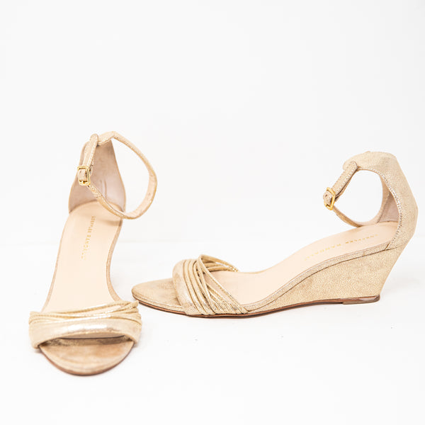 Loeffler Randall Addie Genuine Leather Gold Metallic Ankle Strap Wedge Heels 8