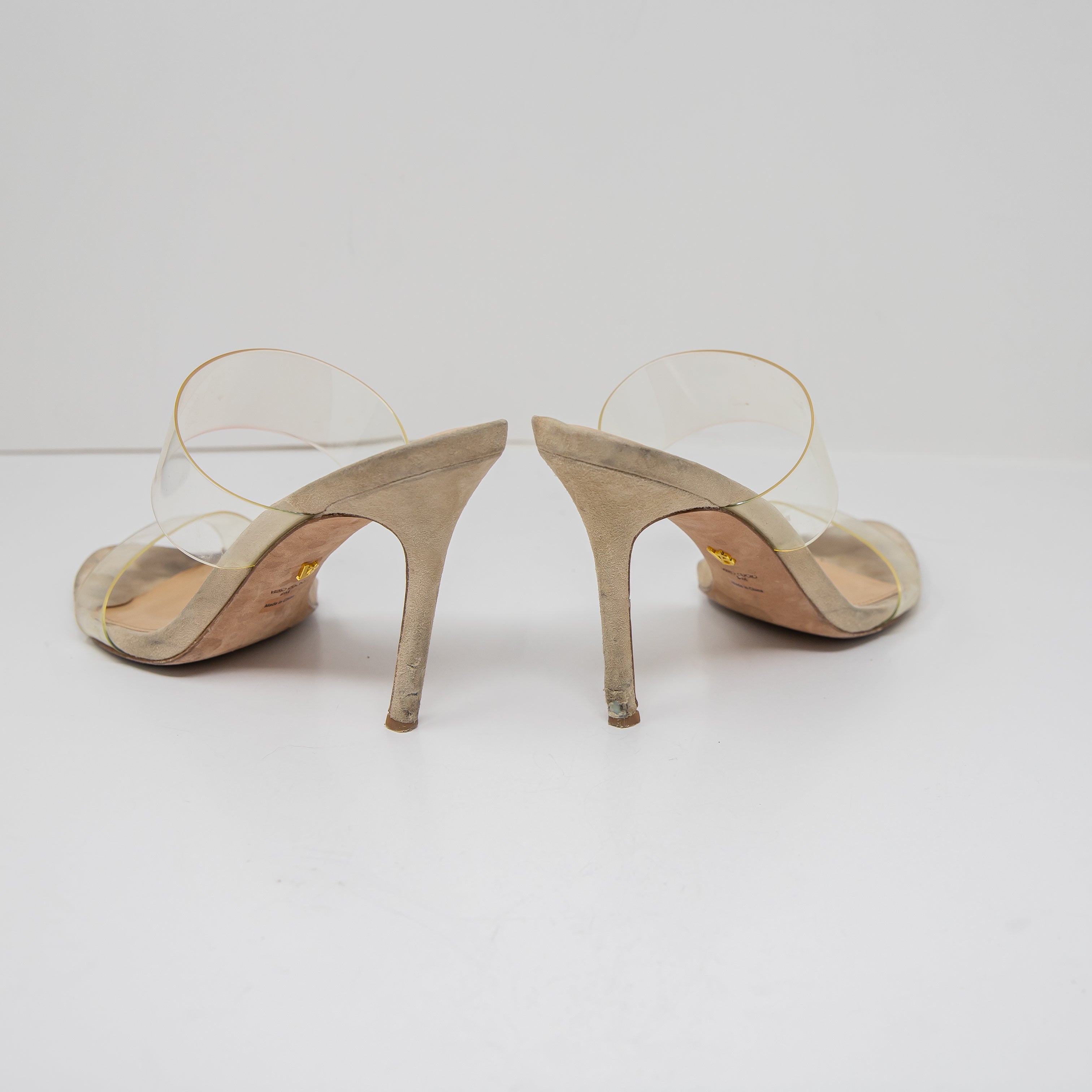 Veronica Beard Asha Genuine Suede Leather Clear Strap Open Toe Sandals Heels 9