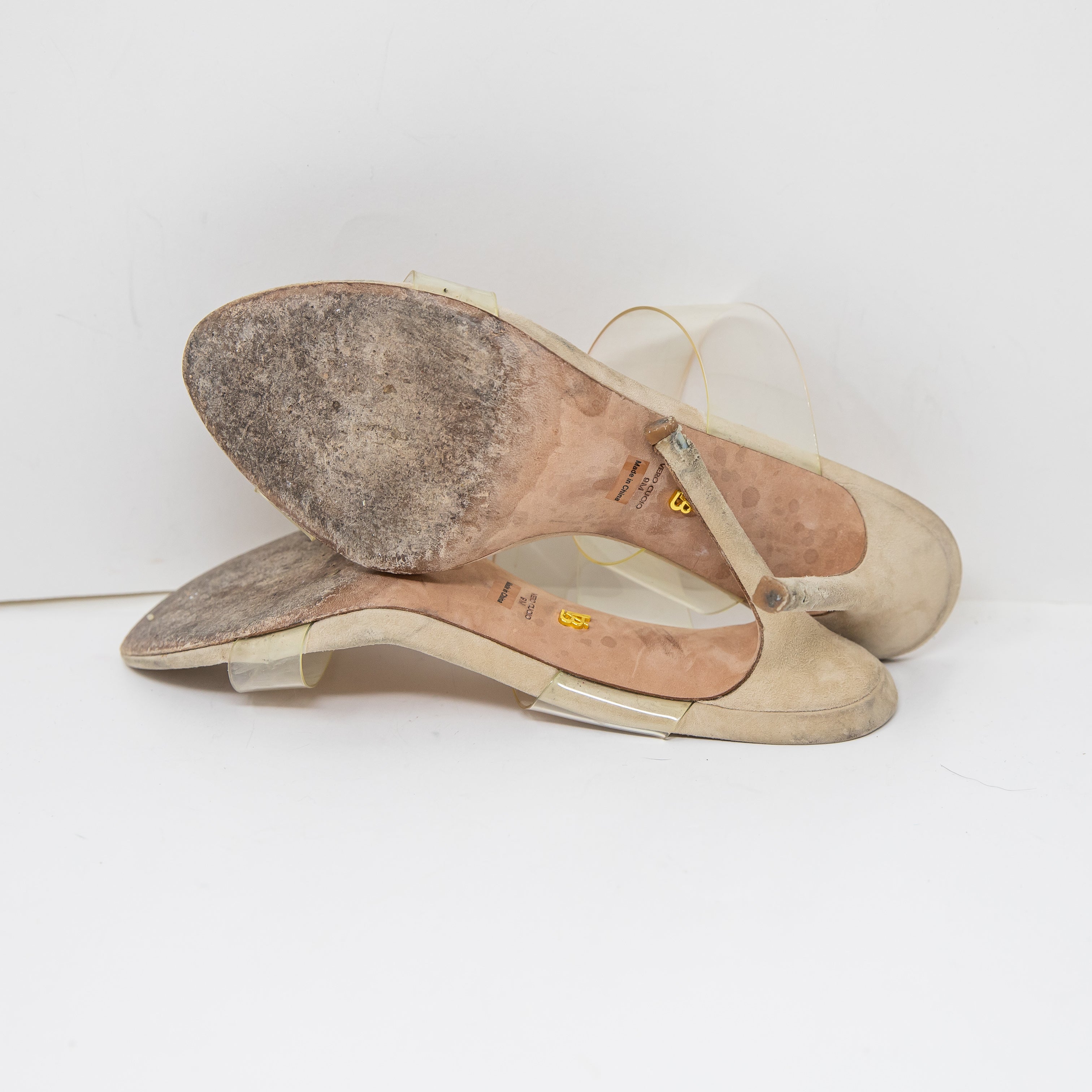 Veronica Beard Asha Genuine Suede Leather Clear Strap Open Toe Sandals Heels 9