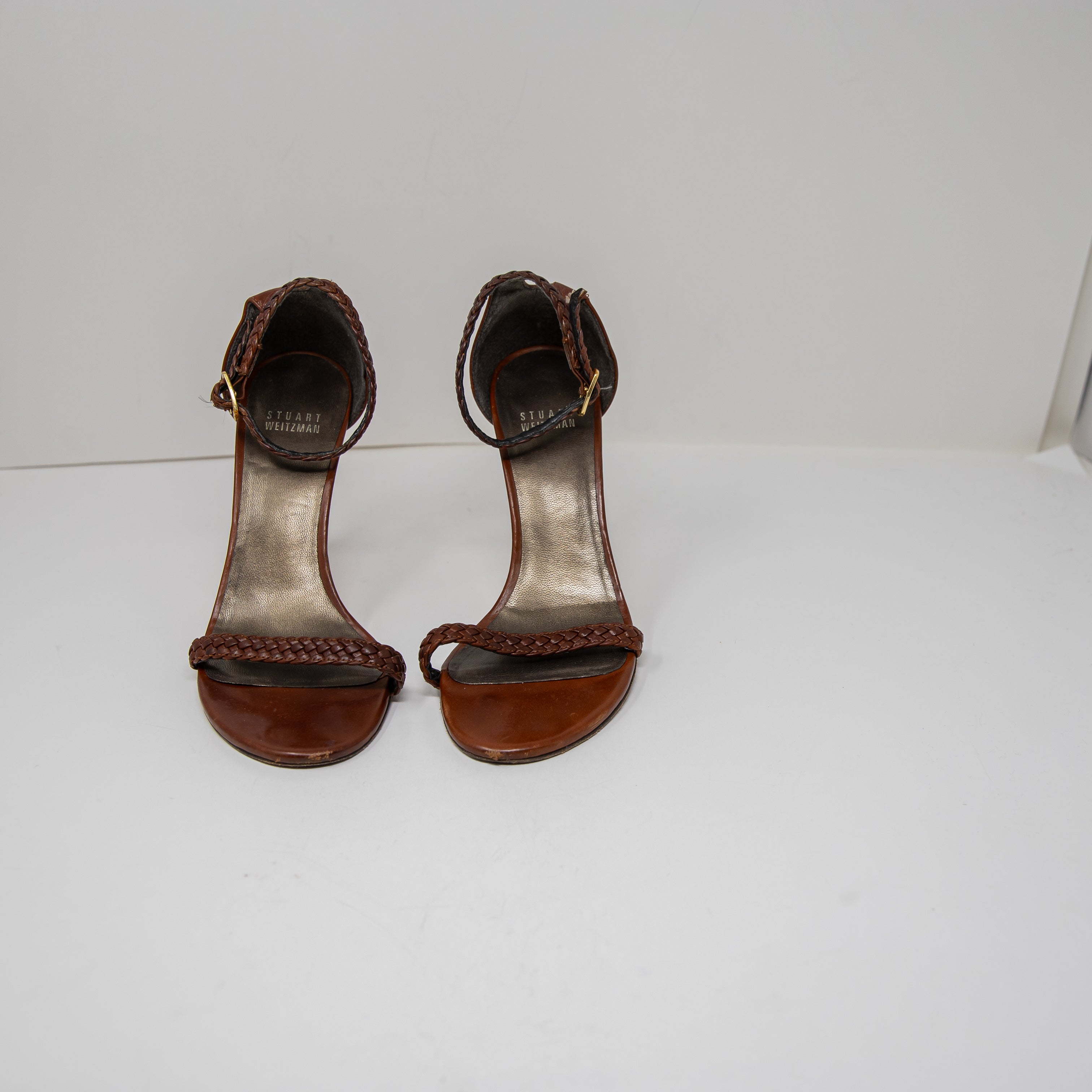 Stuart Weitzman Genuine Braided Leather Ankle Strap Open Toe Sandals High Heels