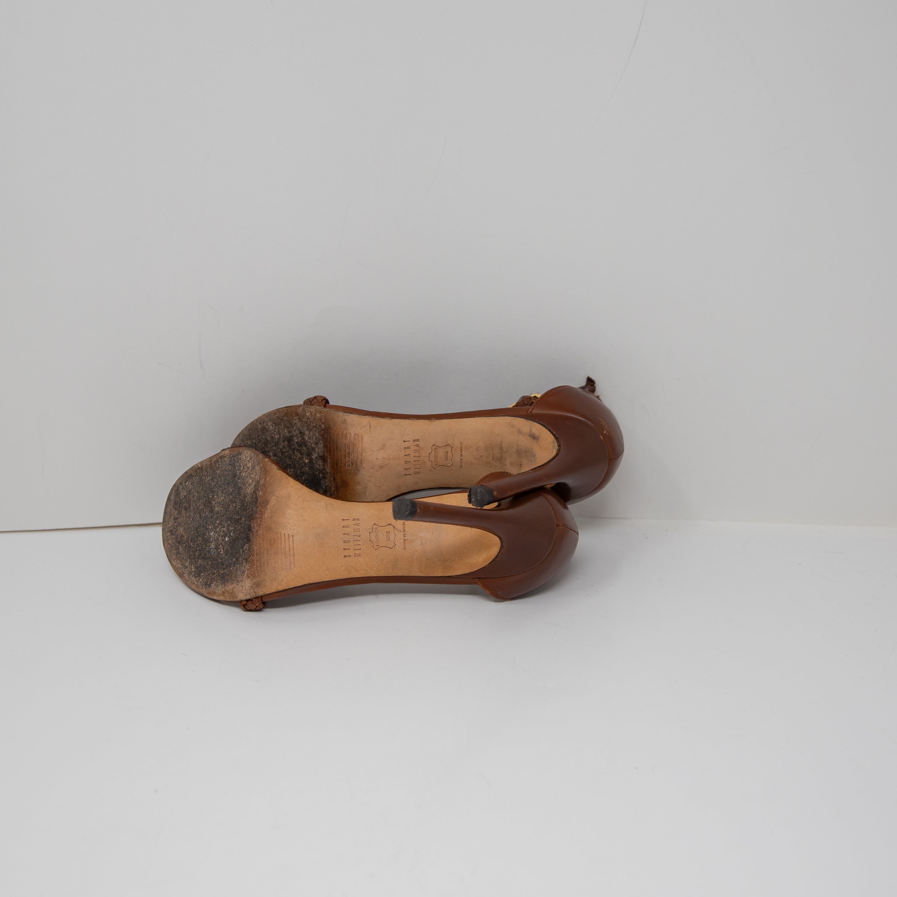 Stuart Weitzman Genuine Braided Leather Ankle Strap Open Toe Sandals High Heels