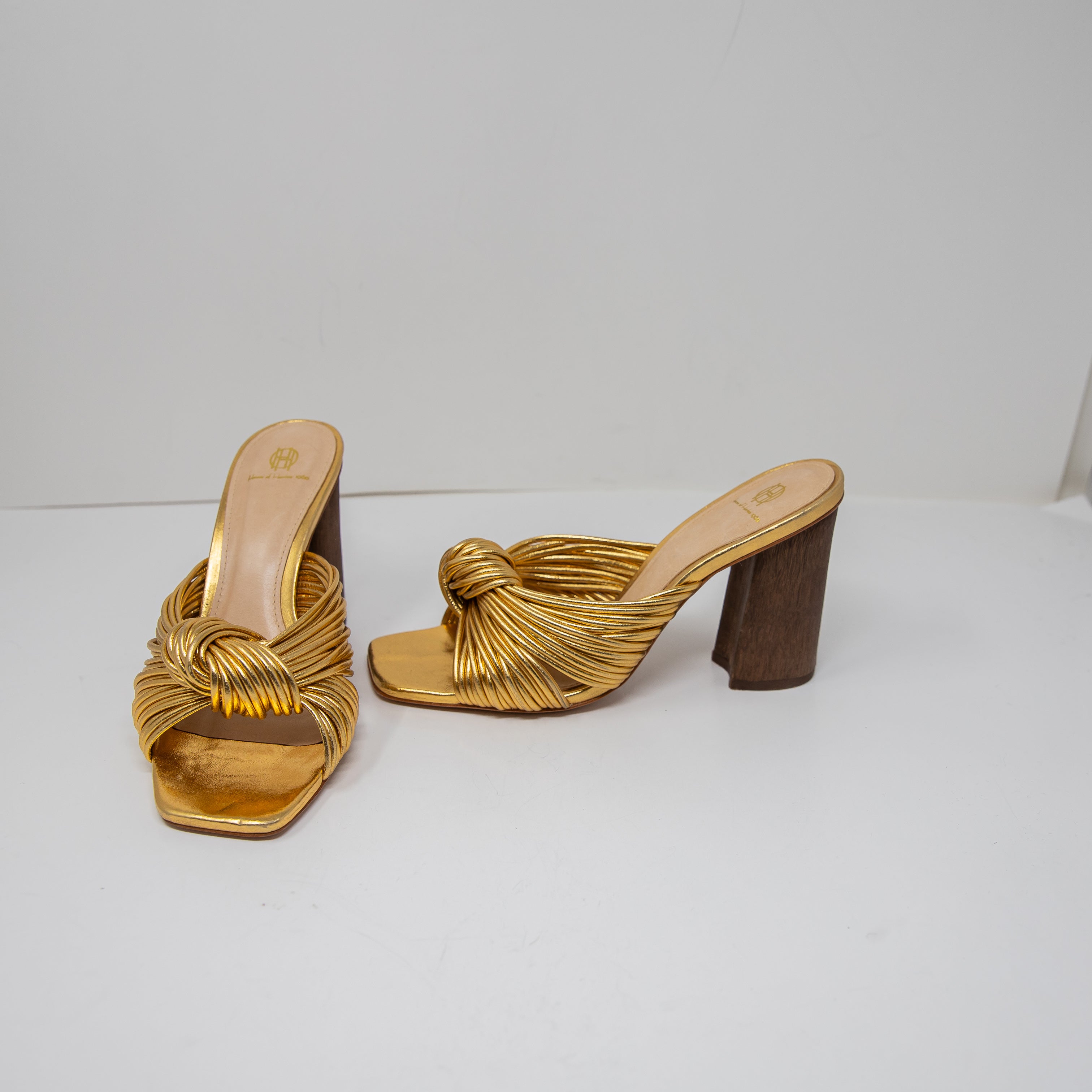 House Of Harlow Multi Strap Knotted Gold Metallic Open Toe Sandals High Heels 7