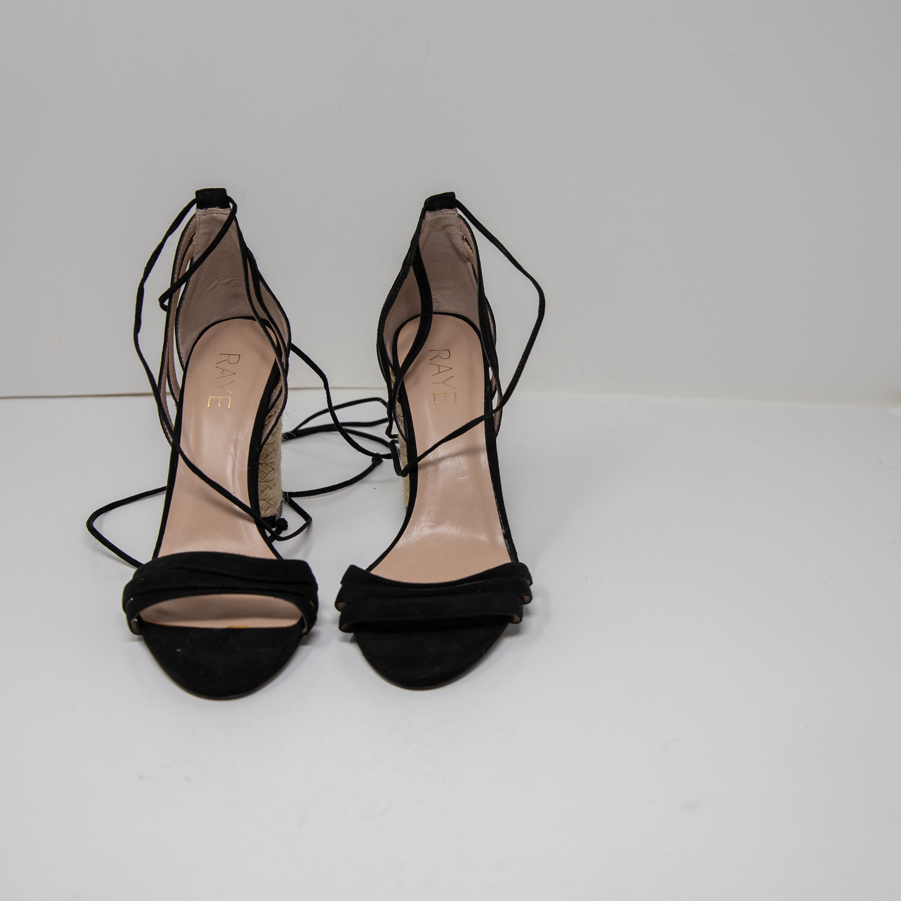 NEW Raye Barton Suede Espadrille Wrap Block Heel Open Toe Sandals Shoes Black 7