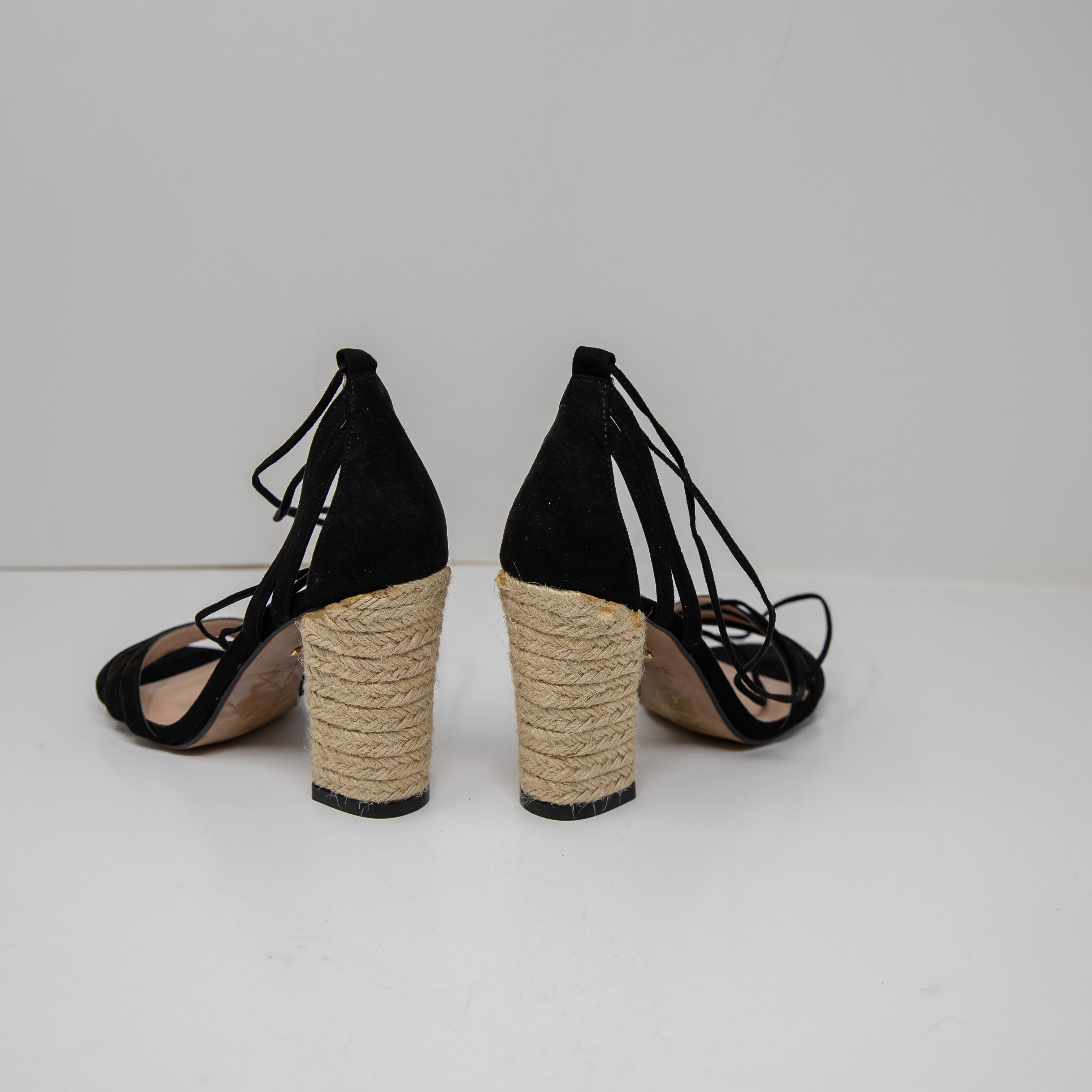 NEW Raye Barton Suede Espadrille Wrap Block Heel Open Toe Sandals Shoes Black 7