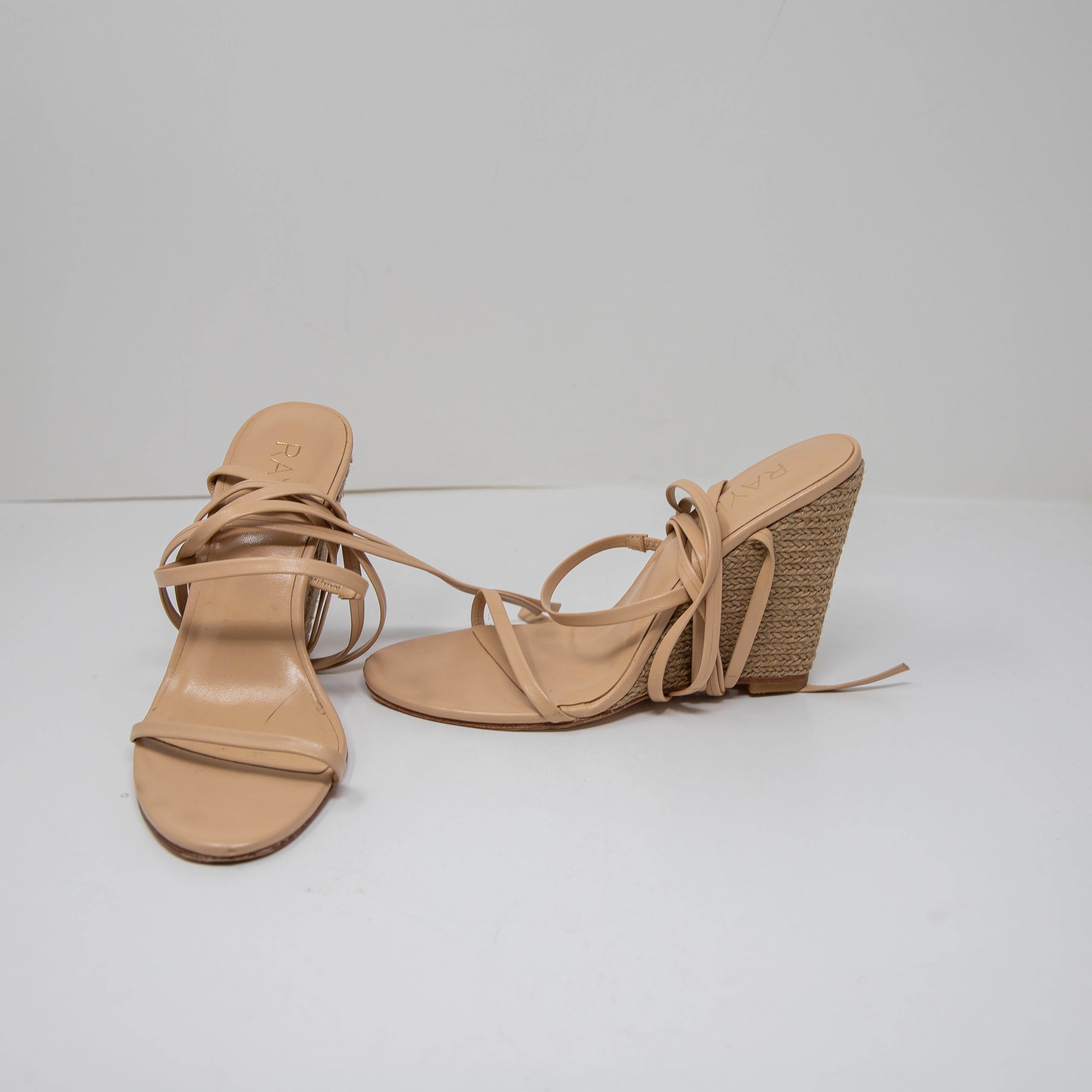 Raye Naya Genuine Leather Raffia Woven Espadrille Wedge High Heels Shoes Nude 7