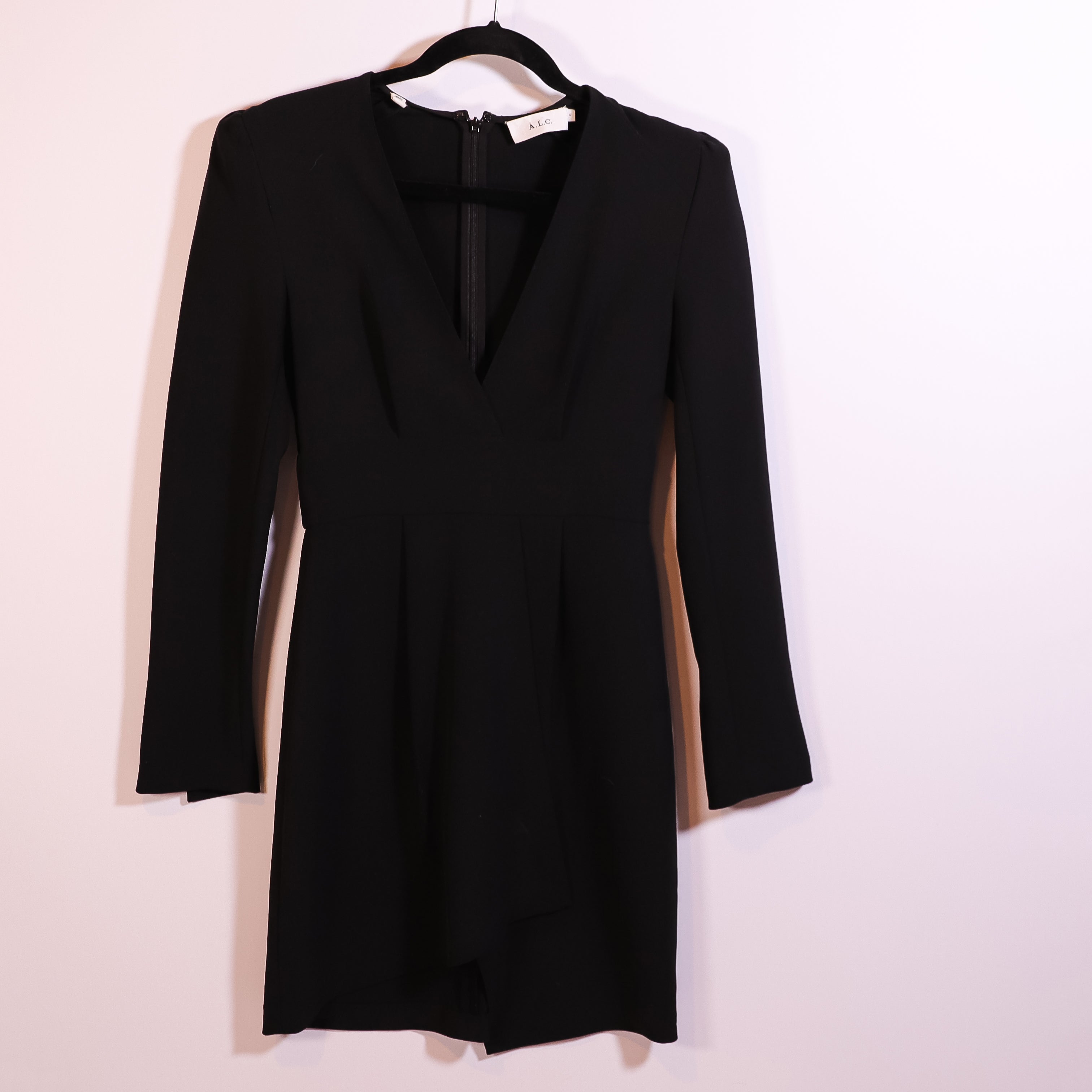 A.L.C. Mara Crepe V Neck Shoulder Pad Long Sleeve Pleated Mini Dress Black 4
