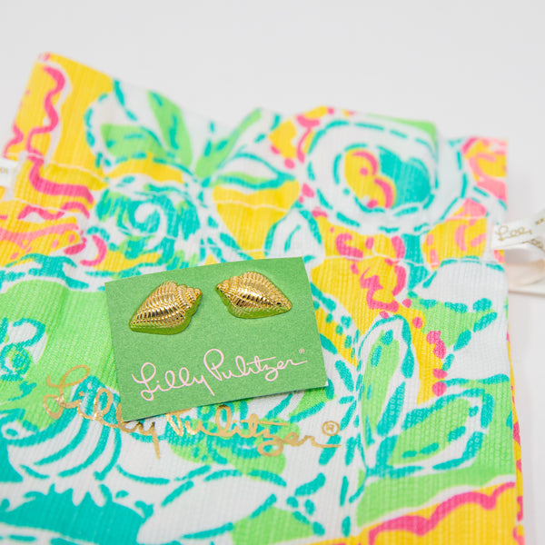 NEW Lilly Pulitzer Shell Sea Nautical Gold Metallic Textured Stud Earrings