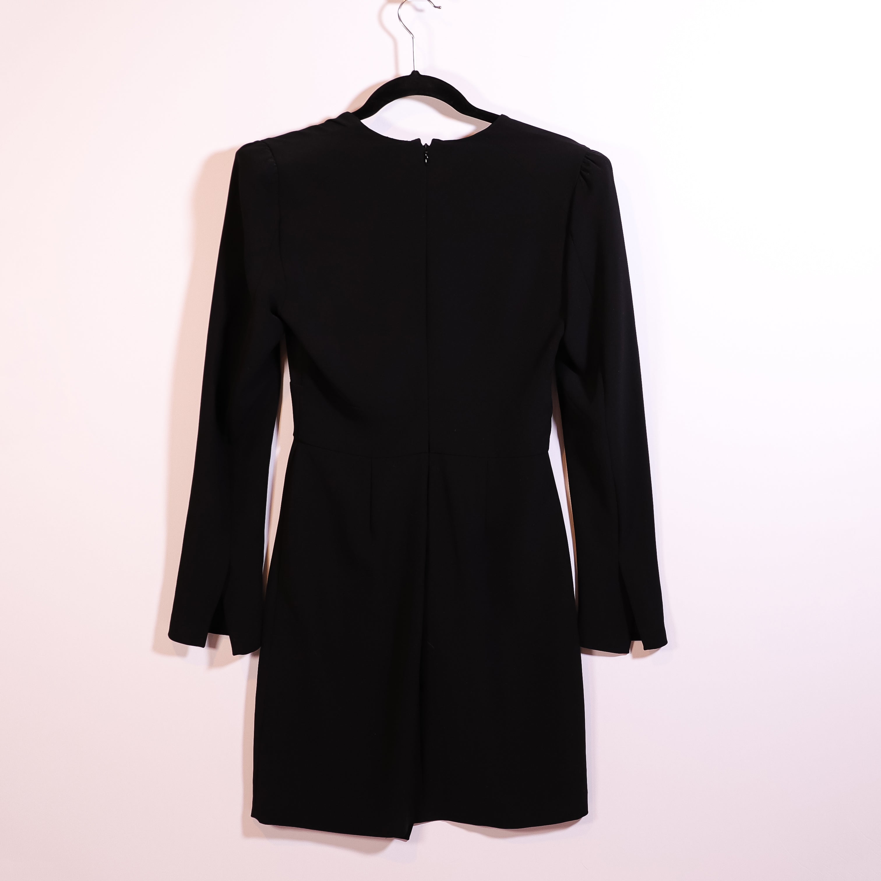 A.L.C. Mara Crepe V Neck Shoulder Pad Long Sleeve Pleated Mini Dress Black 4