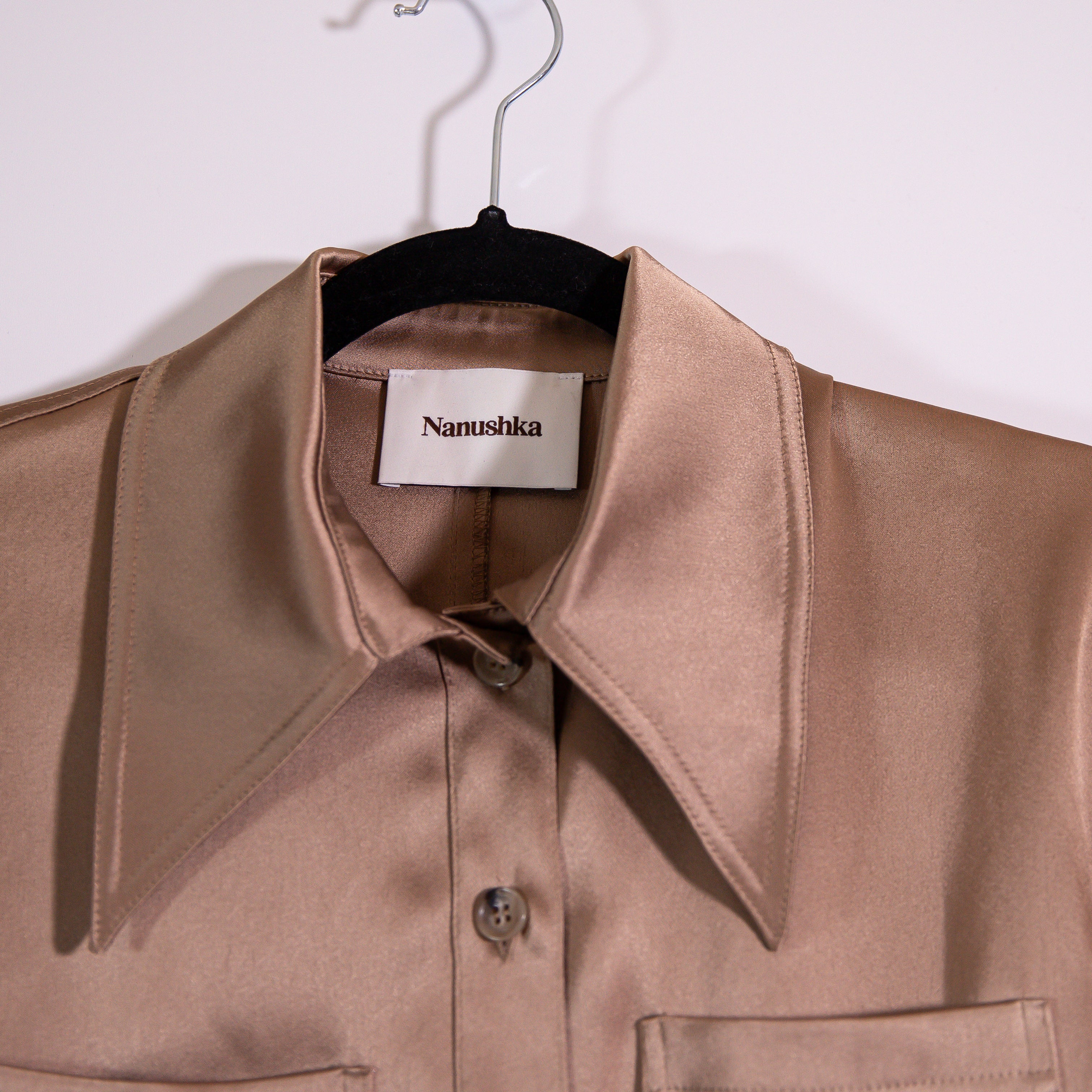 Nanushka Tippi Satin Collared Long Sleeve Button Front Blouse Shirt Sandstone XS