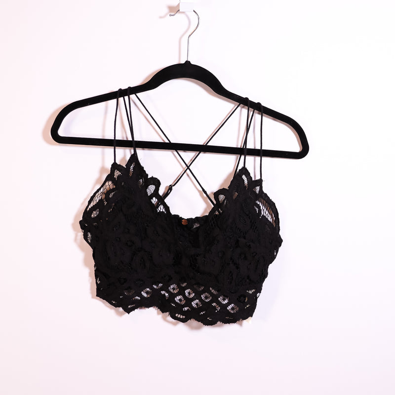 Free People Adella Allover Lace Crochet Bralette Bra Crop Top Black Large