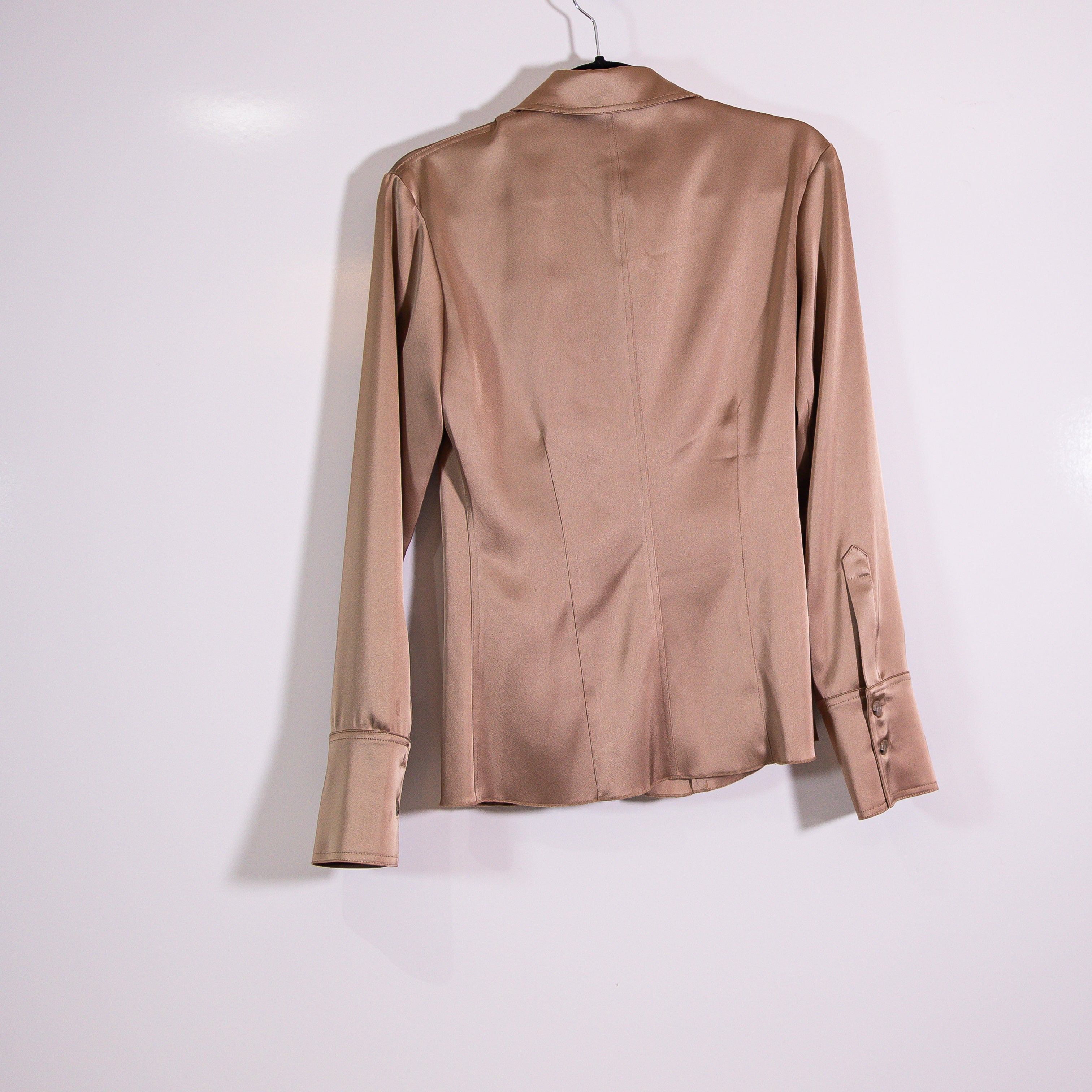 Nanushka Tippi Satin Collared Long Sleeve Button Front Blouse Shirt Sandstone XS