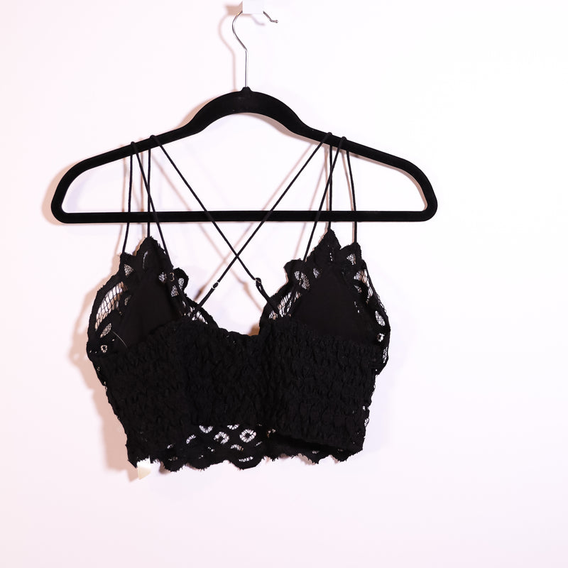 Free People Adella Allover Lace Crochet Bralette Bra Crop Top Black Large