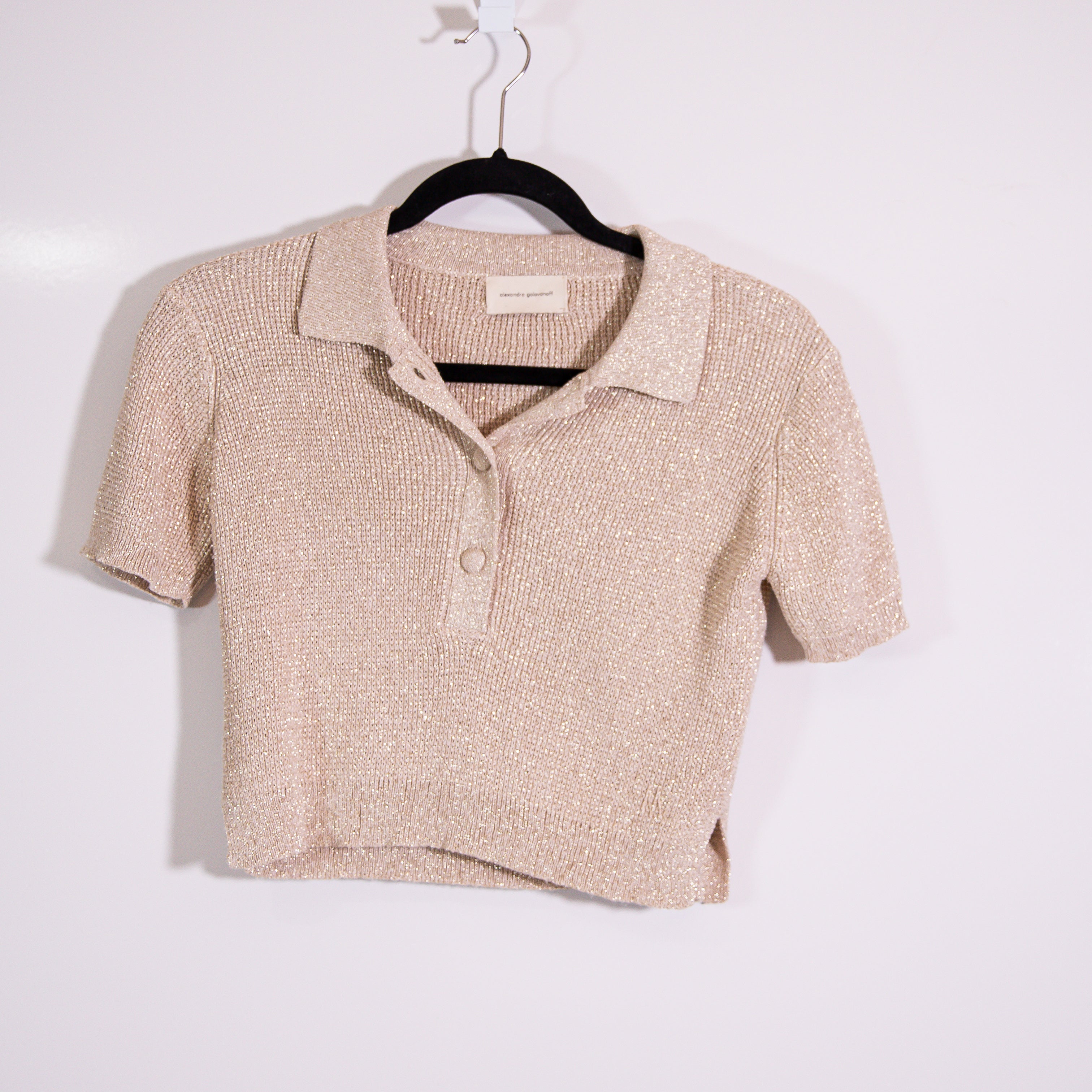 Alexandra Golovanoff Metallic Gold Sparkle Short Sleeve Collared Polo Sweater XS
