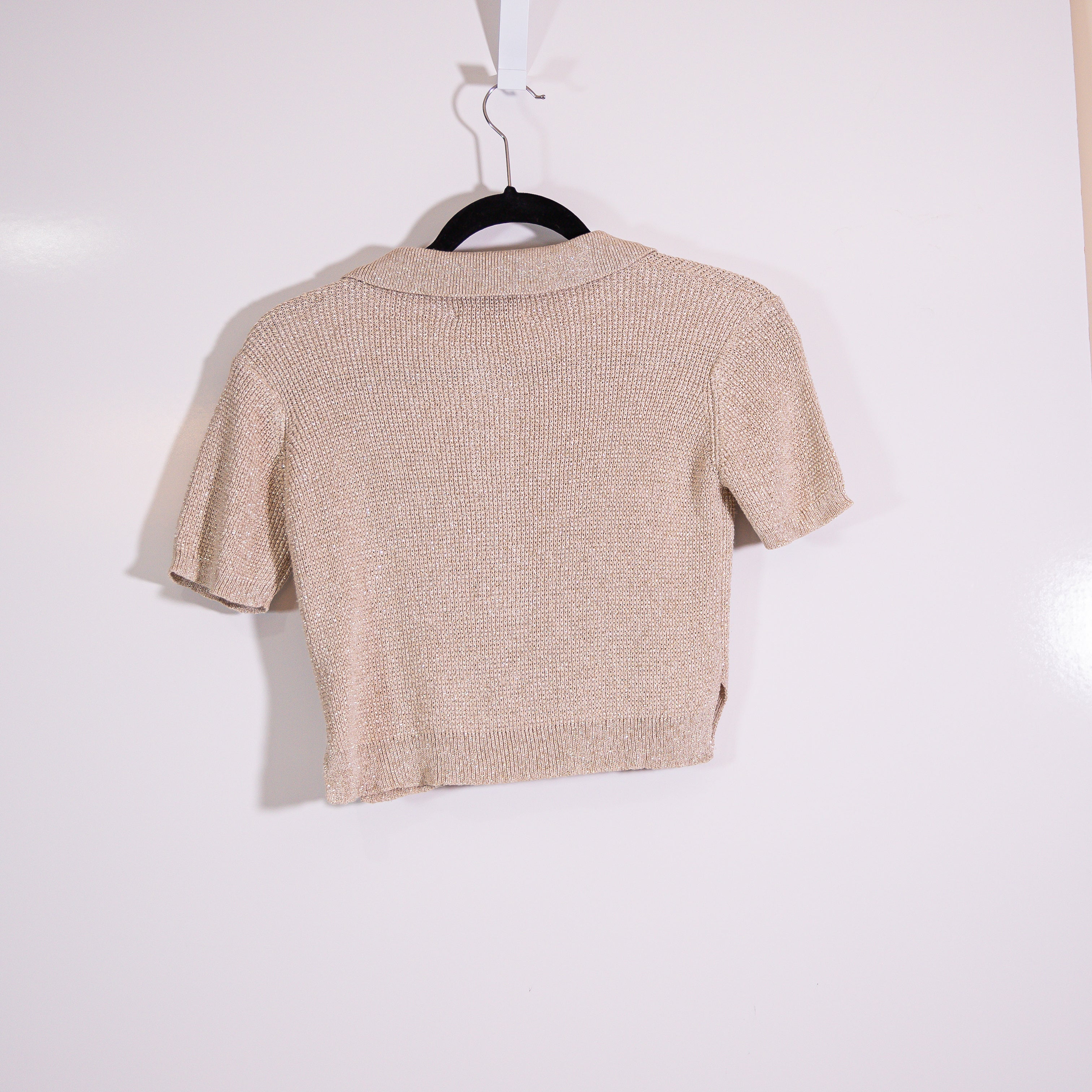 Alexandra Golovanoff Metallic Gold Sparkle Short Sleeve Collared Polo Sweater XS