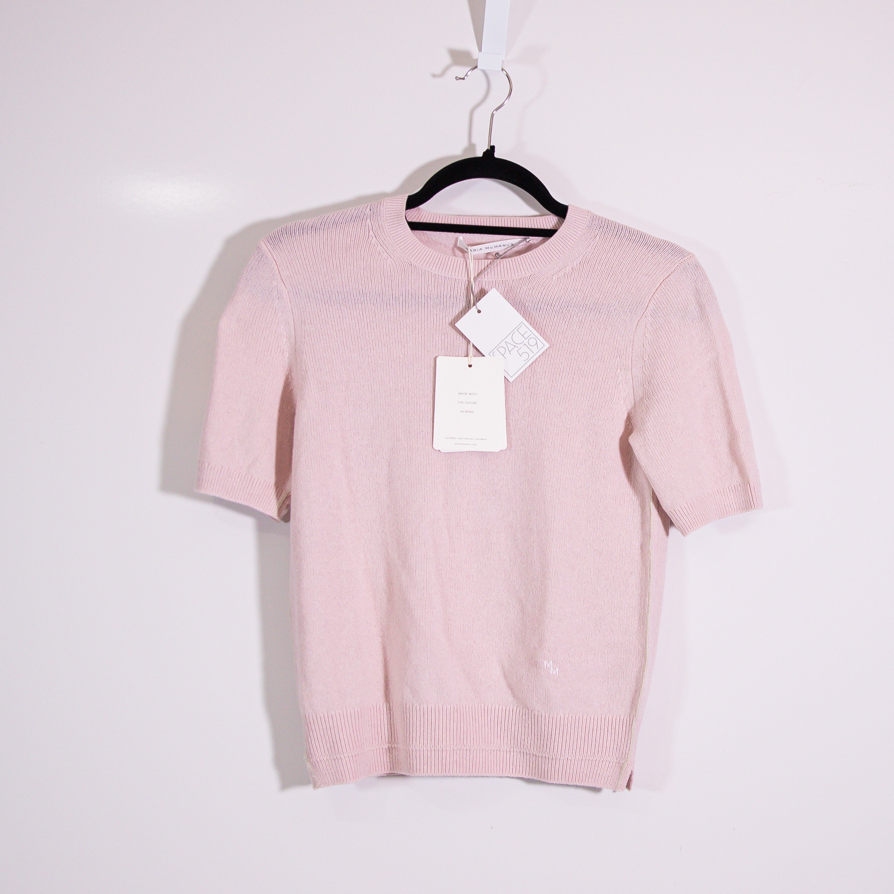 NEW Maria McManus Recycled Cashmere Cotton Crew Neck Short Sleeve Sweater Pink