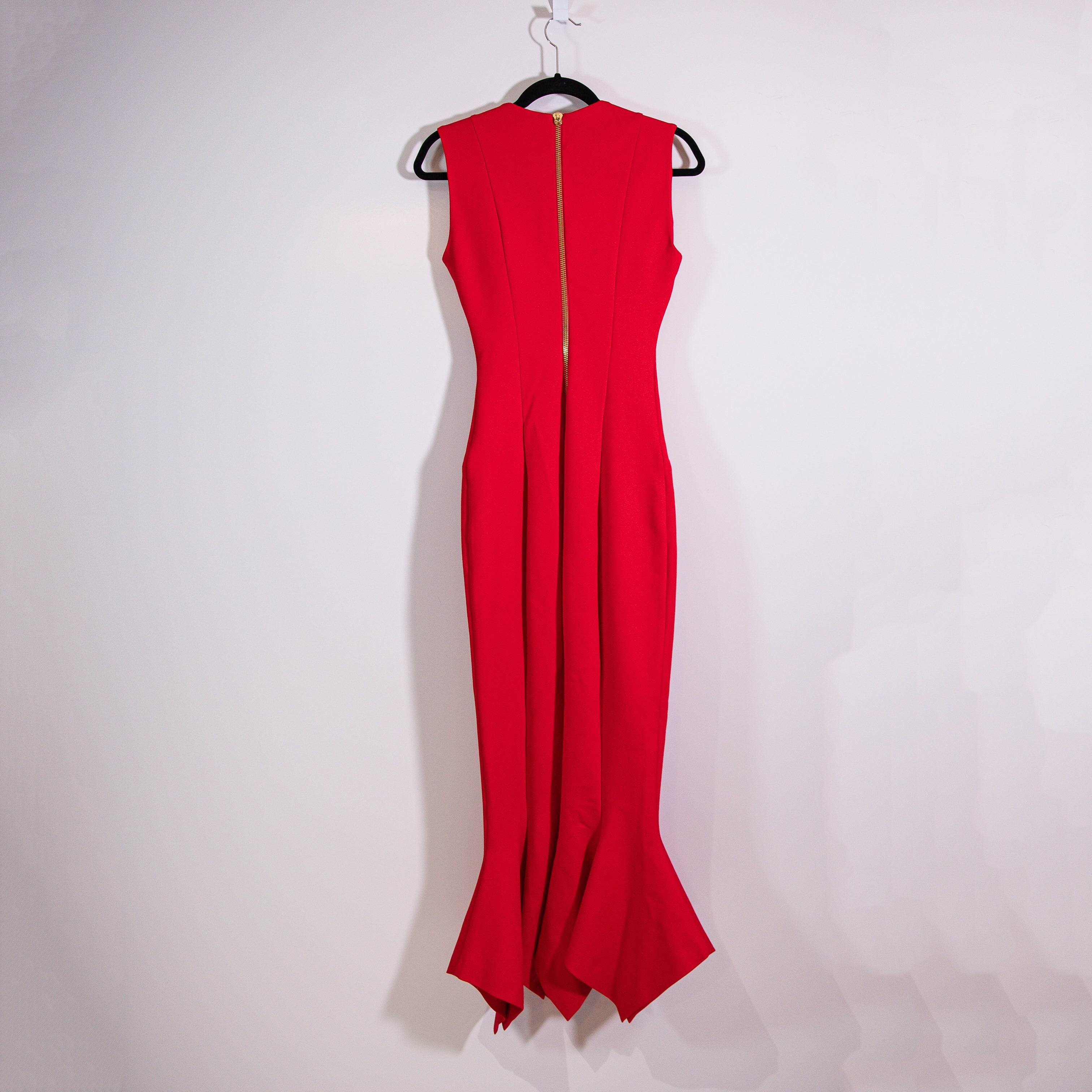 Area Cady Multi Zip Detailed Ponte Stretch Fit Flare Maxi Dress Red Gold Small