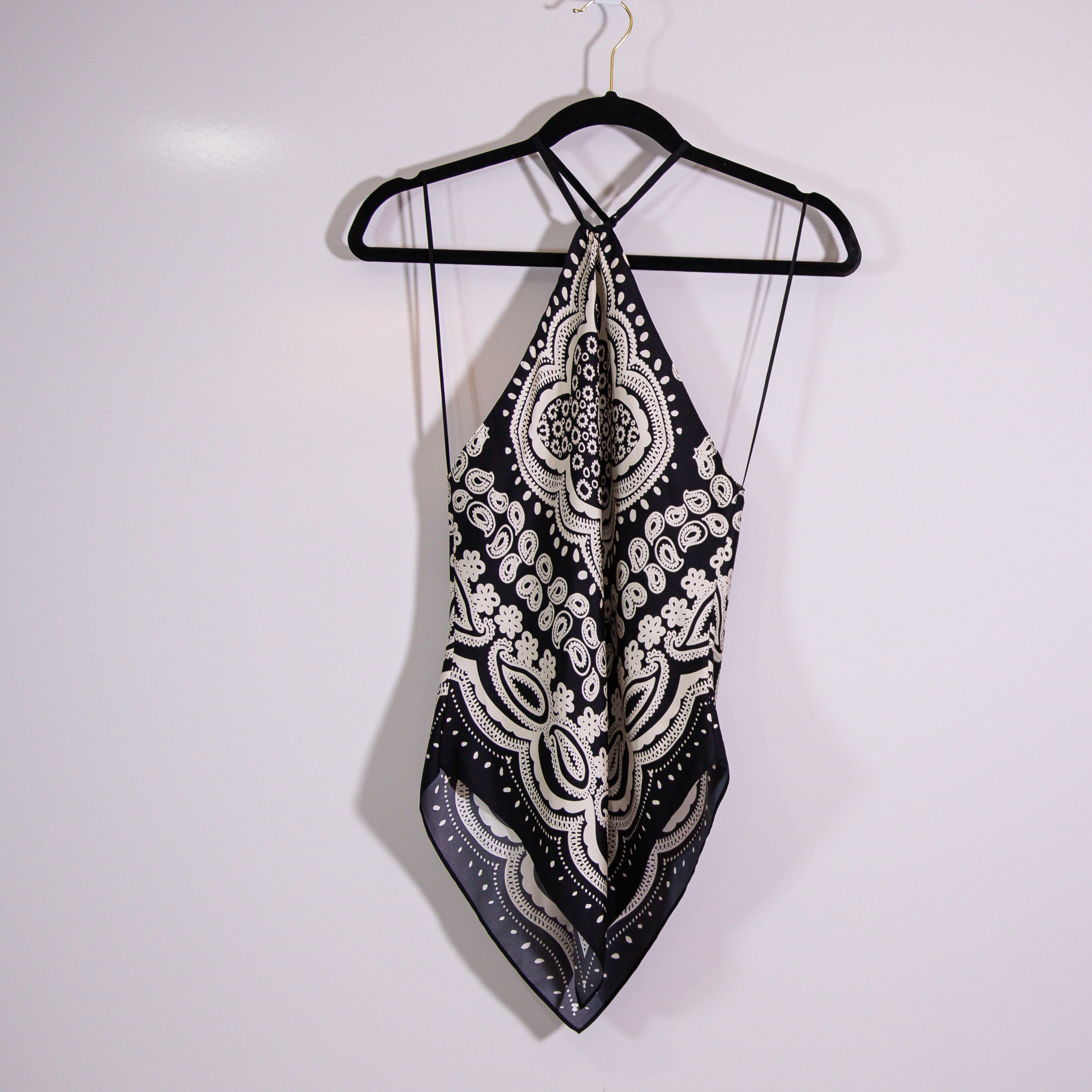 Nili Lotan Audrey Silk Satin Halter Neck Sleeveless Tank Top Black Ivory Paisley